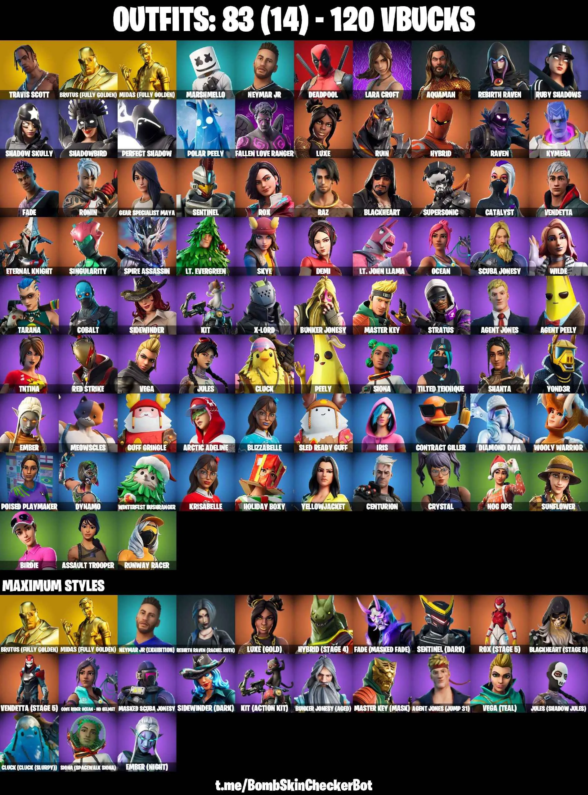 ❤️83 SKINS❤️TRAVIS SCOTT❤️GET GRIDDY❤️RACHEL ROTH❤️LARA CROFT❤️GOLDEN MIDAS❤️JULES(MAX)❤️AGENT PEELY❤️POISED PLAYMAKER❤️NOG OPS❤️CRYSTAL❤️SUNFLOWER❤️BIRDIE❤️ASSAULT TROOPER❤️RUWNAY RACER❤️ICE BREAKER❤️PEPPERMINT PICK❤️ASTROWORLD CYCLONE❤️RUST BUCKET❤️