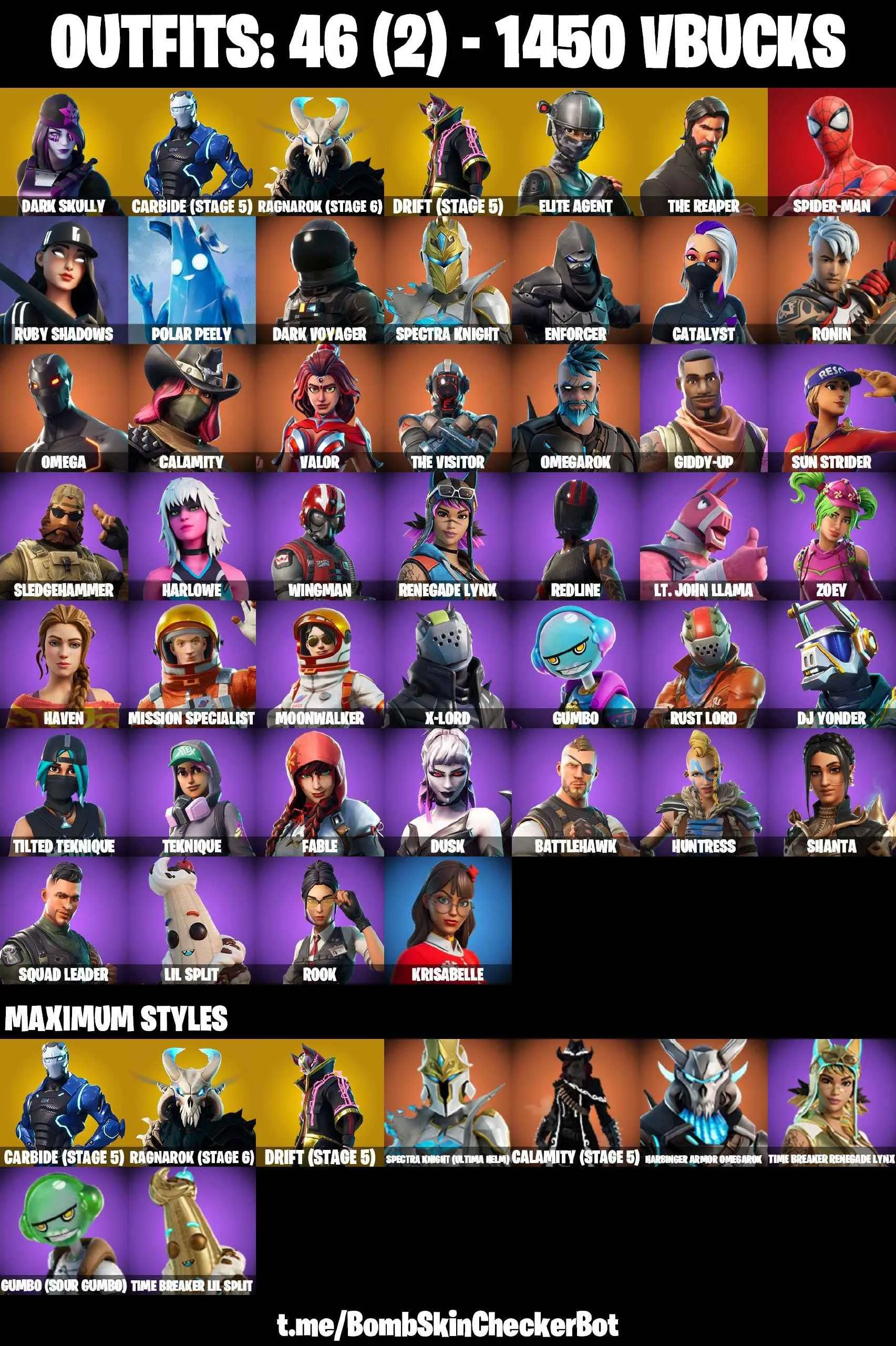 ❤️46 SKINS❤️DARK SKULLY❤️TAKE THE L❤️THE REAPER❤️ELITE AGENT❤️OMEGA❤️ORANGE JUSTICE❤️ZOEY❤️ROOK❤️DRIFT(STAGE 5)❤️RAGNAROK(STAGE 6)❤️CARBIDE(STAGE 5)❤️POLAR PEELY❤️ASTROWORLD CYCLONE❤️SNOWFLAKE❤️RUST BUCKET❤️CAN PLAY ON PSN❤️XBOX❤️PC❤️NINTENDO❤️MOBILE❤️