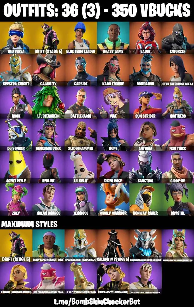 ❤️36 SKINS❤️MAKO❤️NEO VERSA❤️ORANGE JUSTICE❤️MAYA❤️ZOEY❤️ROOK❤️BLUE TEAM LEADER❤️HOPE❤️AGENT PEELY❤️DRIFT(STAGE 5)❤️CALAMITY(STAGE 5)❤️SNOWFLAKE❤️RUST BUCKET❤️PEPPERMINT PICK❤️TAKE THE ELF❤️CAN PLAY ON PSN❤️XBOX❤️PC❤️NINTENDO❤️MOBILE❤️350 VBUCKS❤️