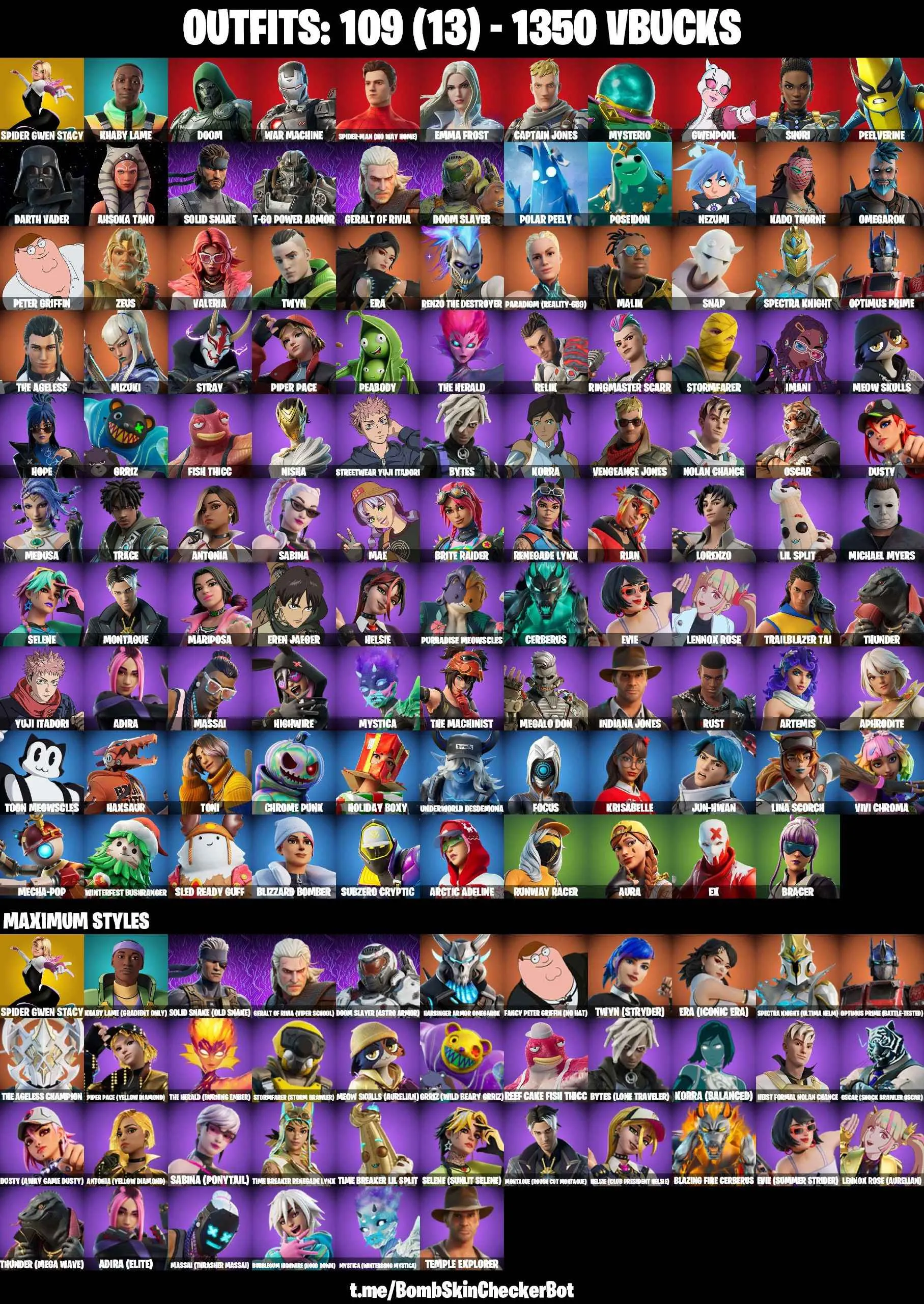 ❤️109 SKINS❤️GET GRIDDY❤️YUJI ITADORI❤️STREETWEAR YUJI ITADORI❤️SPIDER-GWEN STACY❤️SPIDER-MAN(NO WAY HOME)❤️DARTH VADER❤️AHSOKA TANO❤️STAR WAND❤️EREN JAEGER❤️MICHAEL MYERS❤️MAX STYLES(ERA❤️EVIE❤️MYSTICA❤️HESLIE❤️MEOW SKULLS❤️BYTES)❤️AURA❤️MARIPOSA❤️ARTEMIS❤️