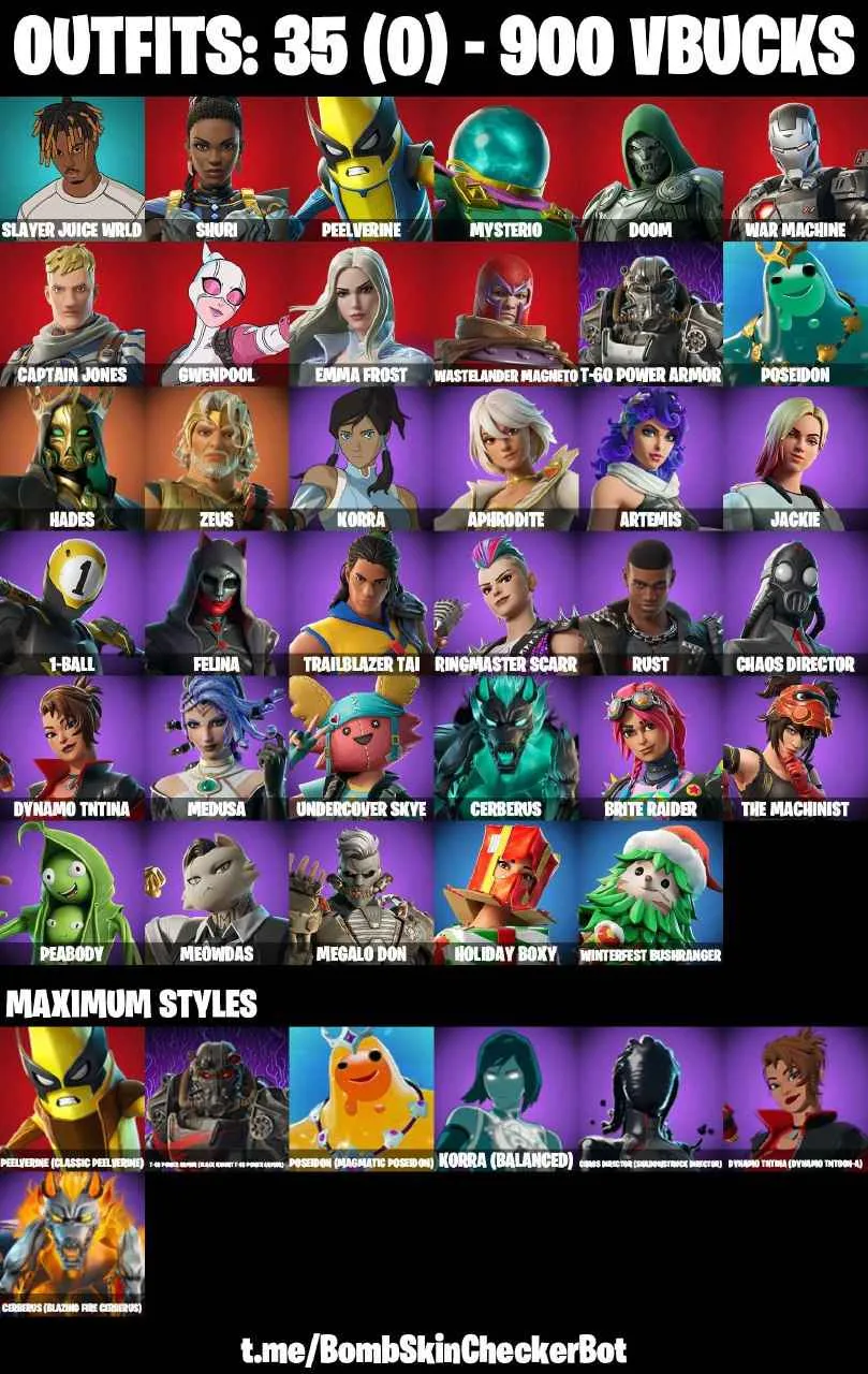 ❤️35 SKINS❤️ARTEMIS❤️MEDUSA❤️CRITE RAIDER❤️APHRODITE❤️ZEUS❤️HADES❤️PEELVERINE(MAX)❤️CAN PLAY ON PSN❤️XBOX❤️PC❤️NINTENDO❤️MOBILE❤️900 VBUCKS❤️FULL EMAIL ACCESS❤️