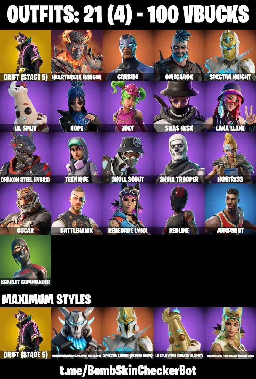 ❤️21 SKINS❤️GET GRIDDY❤️SKULL TROOPER❤️ORANGE JUSTICE❤️ZOEY❤️HOPE❤️DRIFT(STAGE 5)❤️SKULL SCOUT❤️SCARLET COMMANDER❤️SPECTRA KNIGHT(MAX)❤️OMEGAROK(MAX)❤️RUST BUCKET❤️CAN PLAY ON PSN❤️XBOX❤️PC❤️NINTENDO❤️MOBILE❤️100 VBUCKS❤️FULL EMAIL ACCESS❤️