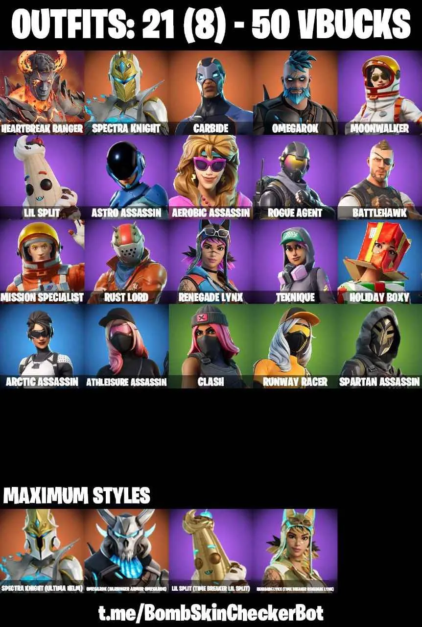 ❤️21 SKINS❤️TAKE THE L❤️ROGUE AGENT❤️SPECTRA KNIGHT(MAX)❤️TEKNIQUE❤️ARCTIC ASSASSIN❤️CLASH❤️SPARTAN ASSASSIN❤️RUNWAY RACER❤️RUST BUCKET❤️PEELY WHIP❤️CAN PLAY ON PSN❤️XBOX❤️PC❤️NINTENDO❤️MOBILE❤️50 VBUCKS❤️FULL EMAIL ACCESS❤️