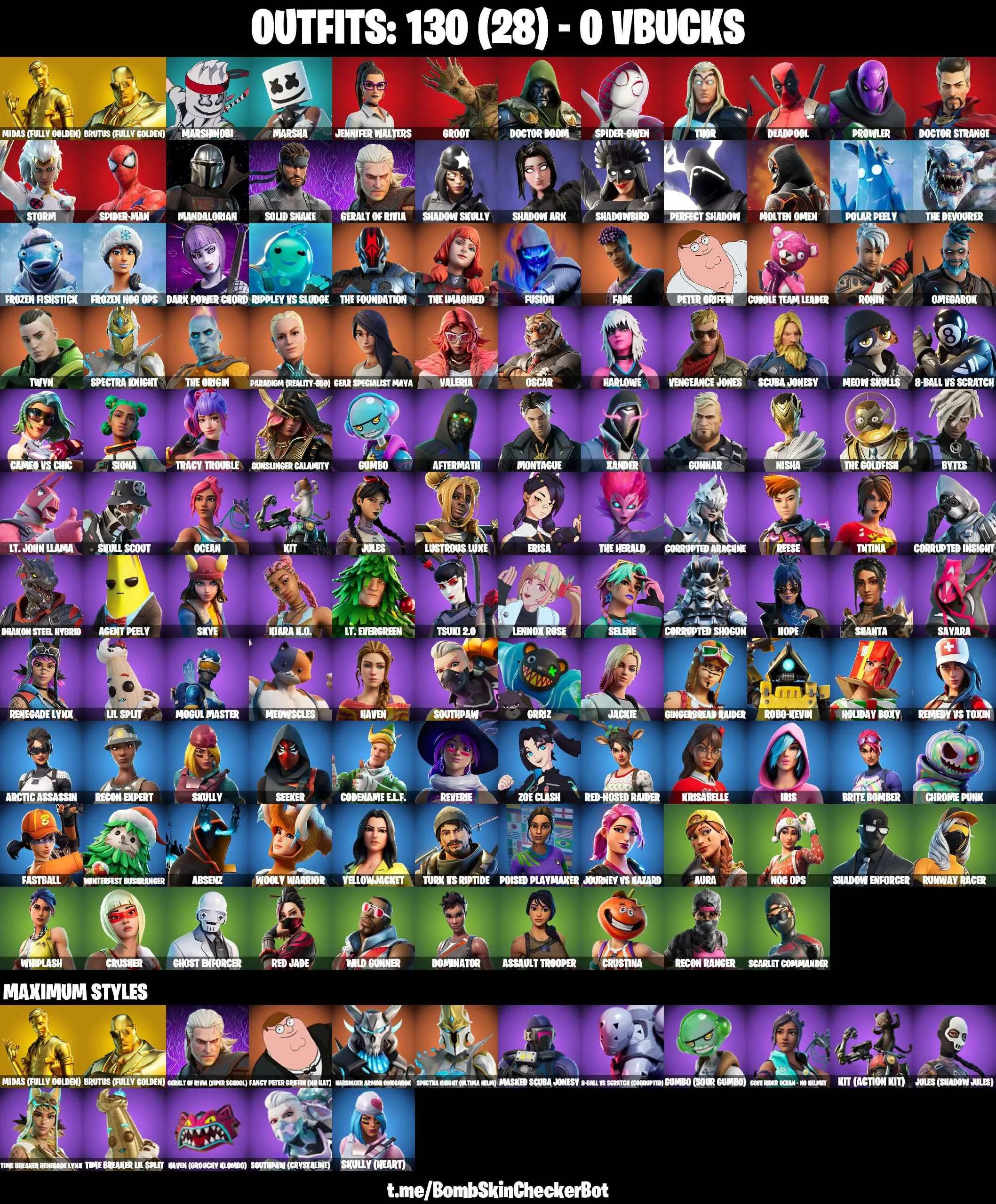 ❤️130 SKINS❤️TRACY TROUBLE❤️DIAMOND PONY❤️WHIPLASH❤️MANDALORIAN❤️SPIDER-GWEN❤️SPIDER-MAN❤️GOLDEN MIDAS❤️MAYA❤️JULES(MAX)❤️REVERIE❤️AURA❤️MEOW SKULLS❤️AGENT PEELY❤️SKYE❤️NOG OPS❤️ASTROWORLD CYCLONE❤️ICE BREAKER❤️PEPPERMINT PICK❤️CAN PLAY ON XBOX❤️PC❤️