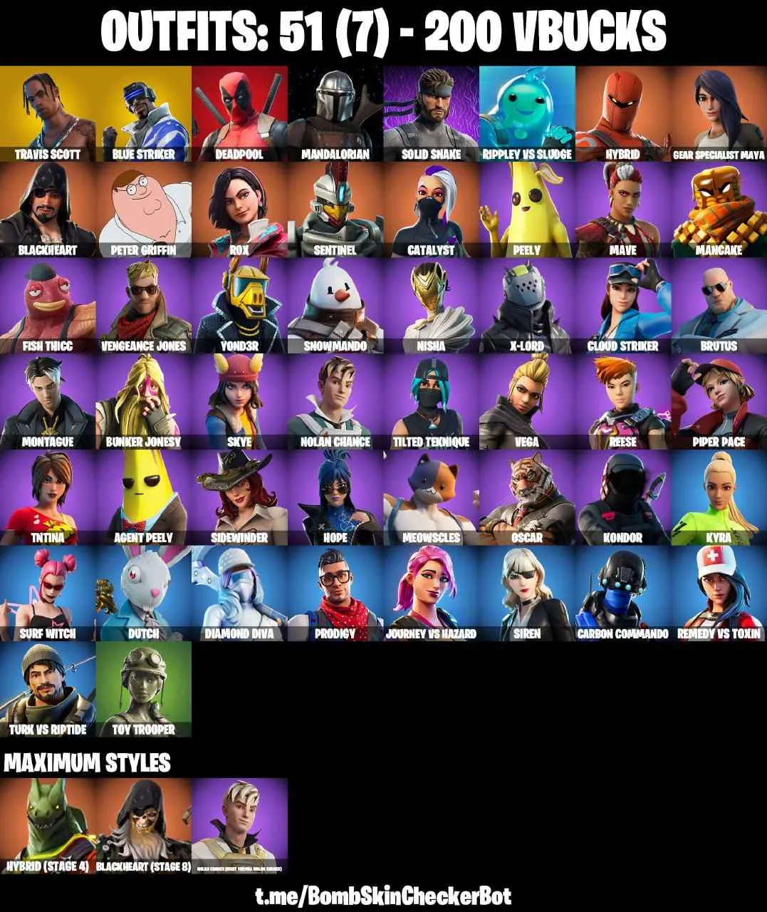 ❤️51 SKINS❤️TRAVIS SCOTT❤️TOY TROOPER❤️MANDALORIAN❤️MAYA❤️HOPE❤️AGENT PEELY❤️HYBRID(STAGE 4)❤️BLACKHEART(STAGE 8)❤️SKYE❤️SNOWFLAKE❤️TAKE THE ELF❤️CAN PLAY ON PSN❤️XBOX❤️PC❤️NINTENDO❤️MOBILE❤️200 VBUCKS❤️FULL EMAIL ACCESS❤️