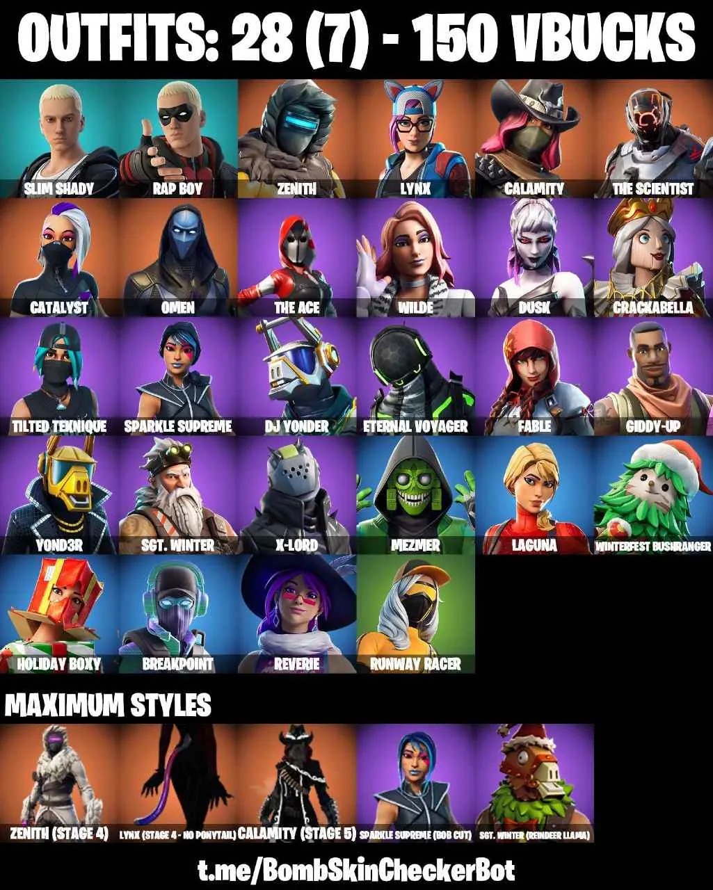 ❤️28 SKINS❤️REVERIE❤️SLIM SHADY❤️CALAMITY(SATGE 5)❤️LYNX(STAGE 4)❤️ZENITH(STAGE 4)❤️LAGUNA❤️TILTED TEKNIQUE❤️HOT MARAT❤️SHIMMER❤️CAN PLAY ON PSN❤️XBOX❤️PC❤️NINTENDO❤️MOBILE❤️150 VBUCKS❤️FULL EMAIL ACCESS❤️