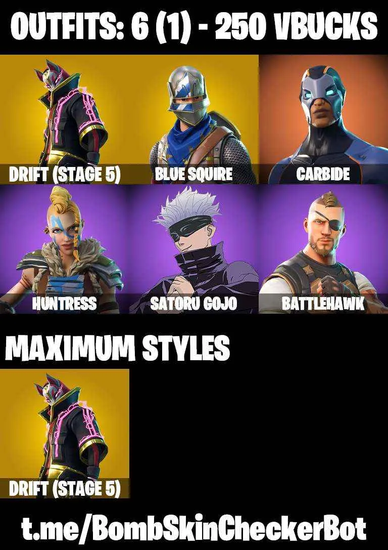 ❤️6 SKINS❤️44 COSMETICS❤️SATORU GOJO❤️BLUE SQUIRE❤️DRIFT(STAGE 5)❤️CAN PLAY ON PSN❤️XBOX❤️PC❤️NINTENDO❤️MOBILE❤️250 VBUCKS❤️FULL EMAIL ACCESS❤️