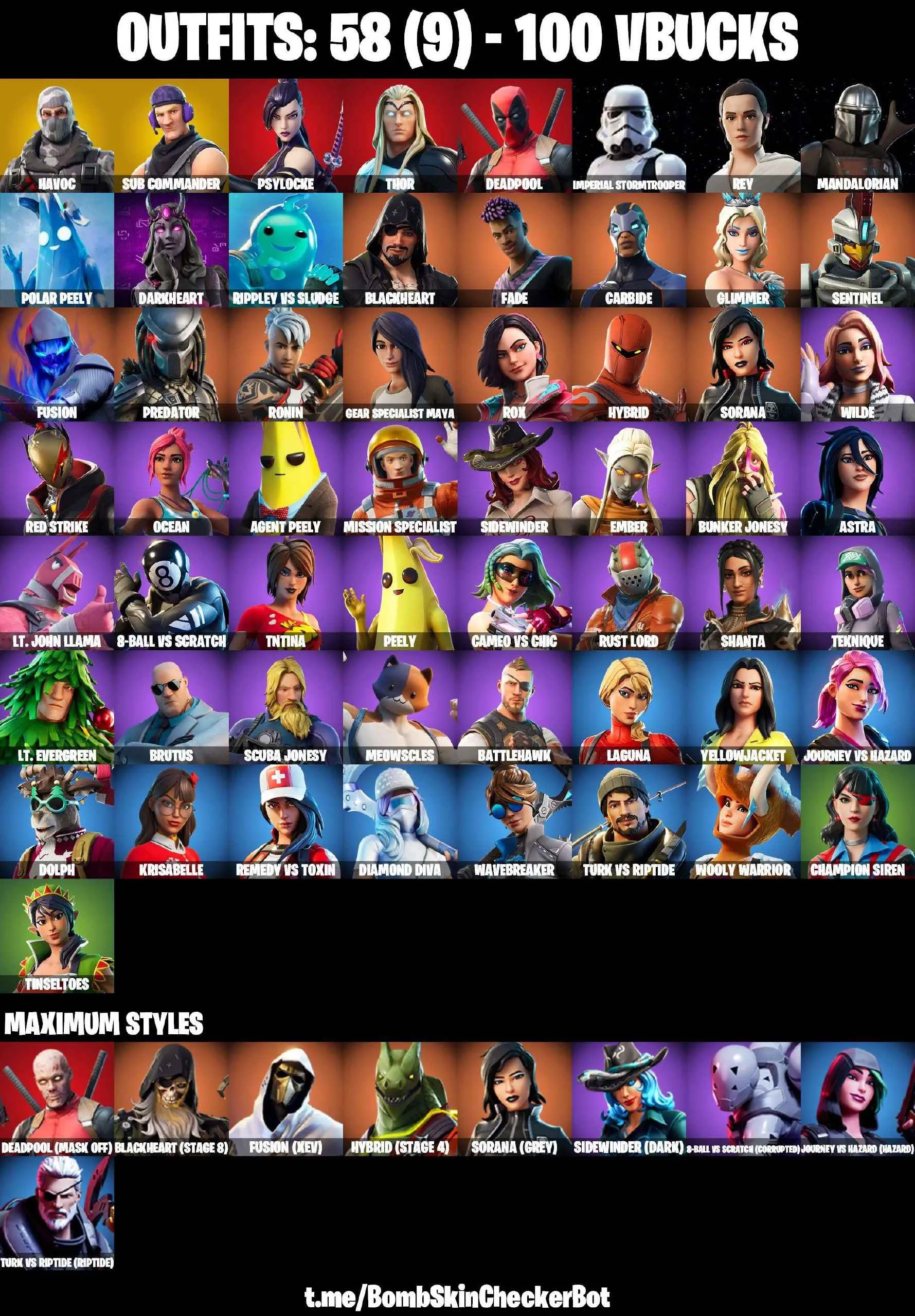 ❤️58 SKINS❤️TAKE THE L❤️ORANGE JUSTICE❤️HAVOC❤️SUB COMMANDER❤️MANDALORIAN❤️IMPERIAL STORMTROOPER❤️REY❤️PREDATOR❤️CHAMPION SIREN❤️MAYA❤️AGENT PEELY❤️8-BALL(MAX)❤️TINSELTOES❤️SNOWFLAKE❤️PEPPERMINT PICK❤️CAN PLAY ON PSN❤️XBOX❤️PC❤️NINTENDO❤️MOBILE❤️100 VBUCKS❤️