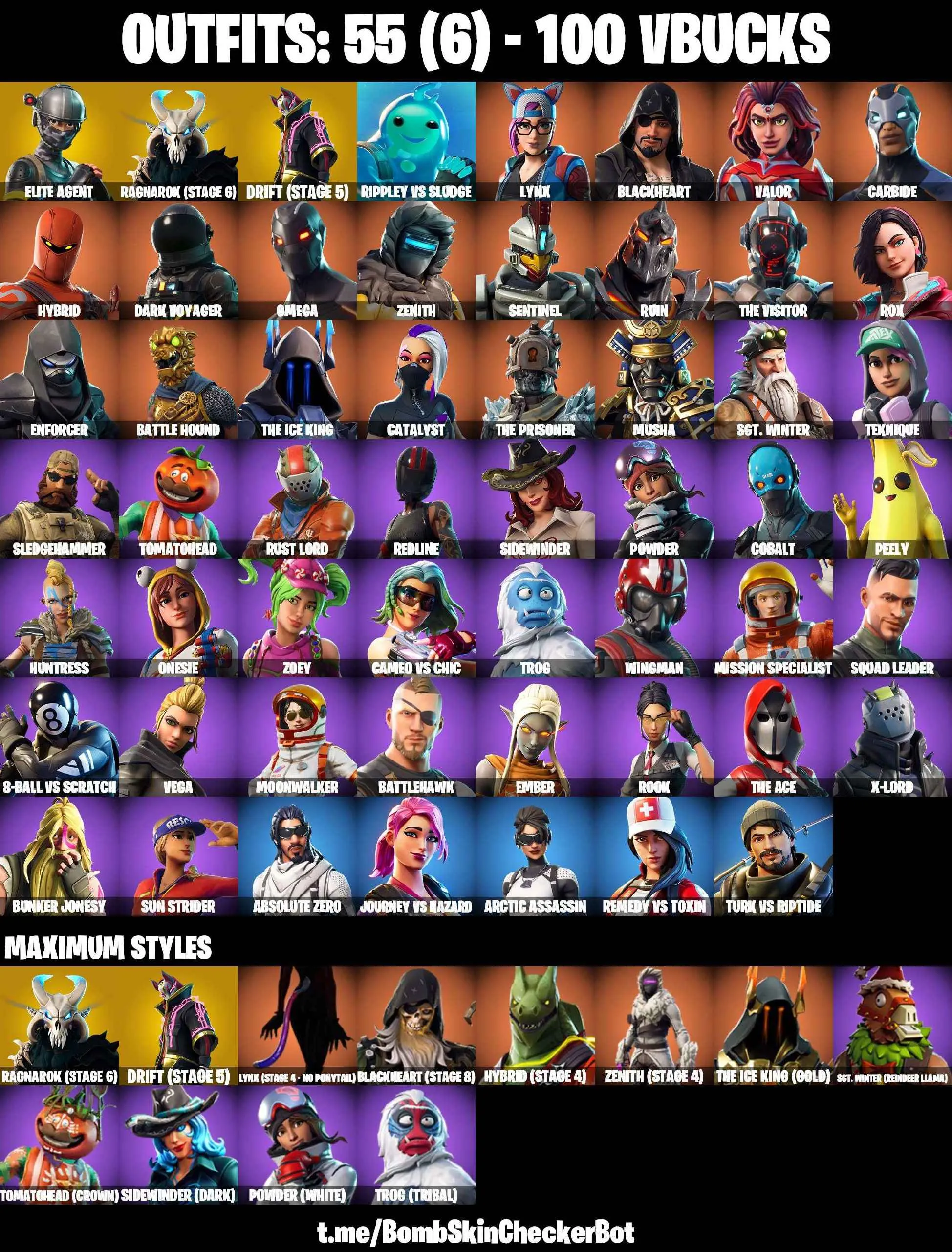 ❤️55 SKINS❤️TAKE THE L❤️ELITE AGENT❤️OMEGA❤️ORANGE JUSTICE❤️TIDY❤️ZOEY❤️ONESIE❤️ROOK❤️DRIFT(STAGE 5)❤️RAGNAROK(STAGE 6)❤️LYNS(STAGE 4)❤️PEELY❤️SNOWFLAKE❤️RUST BUCKET❤️CAN PLAY ON PSN❤️PC❤️NINTENDO❤️MOBILE❤️100 VBUCKS❤️FULL EMAIL ACCESS❤️