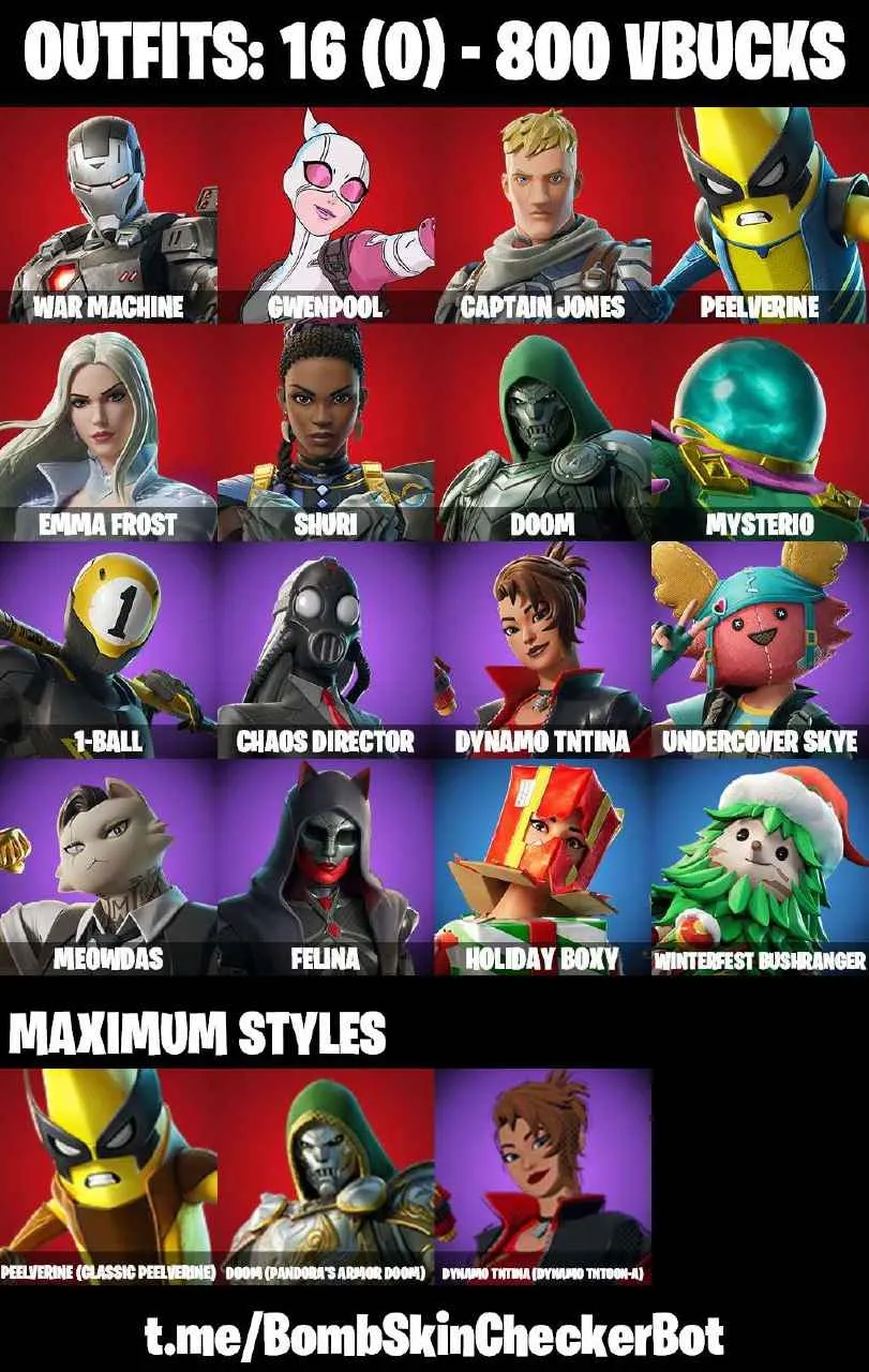 ❤️16 SKINS❤️EMMA FROST❤️SHURI❤️DOOM(MAX)❤️WAR MACHINE❤️PEELVERINE(MAX)❤️MEOWDAS❤️DYNAMO TNTINA(MAX)❤️CAN PLAY ON PSN❤️XBOX❤️PC❤️NINTENDO❤️MOBILE❤️800 VBUCKS❤️FULL EMAIL ACCESS❤️