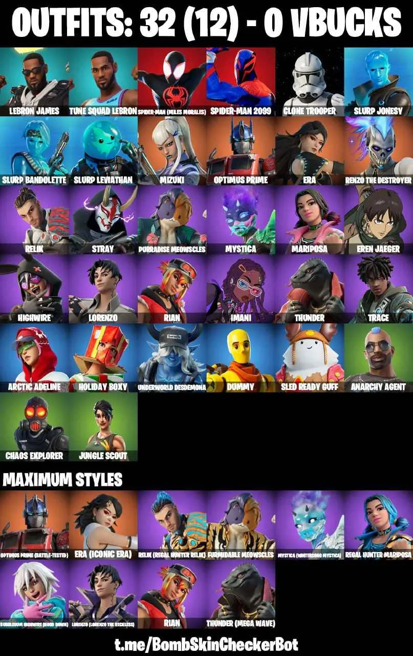 ❤️32 SKINS❤️SPIDER-MAN(MILES MORALES)❤️SPIDER-MAN 2099❤️CLONE TROOPER❤️EREN JAEGER❤️DUMMY❤️ERA(MAX)❤️MYSTICA(MAX)❤️MARIPOSA(MAX)❤️ANARCHY GAENT❤️CHAOS EXPLORER❤️JUNGLE SCOUT❤️CAN PLAY ON PSN❤️PC❤️NINTENDO❤️MOBILE❤️0 VBUCKS❤️FULL EMAIL ACCESS❤️