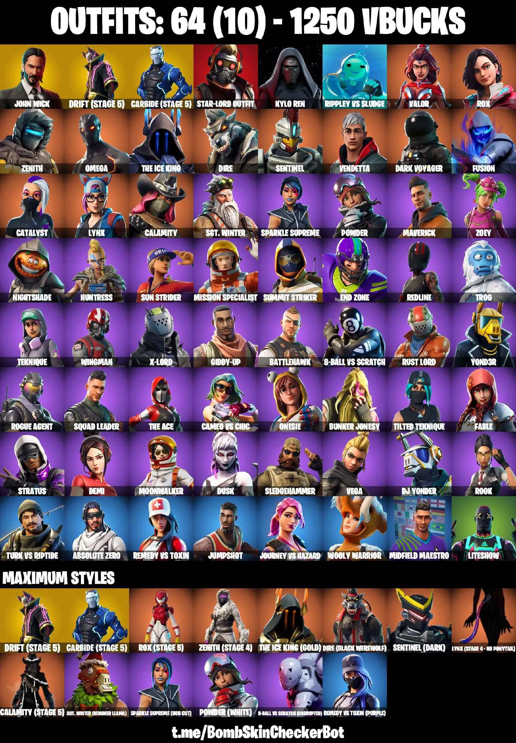 ❤️64 SKINS❤️TAKE THE L❤️JOHN WICK❤️OMEGA❤️KYLO REN❤️ORANGE JSUTICE❤️❤️ZOEY❤️ROOK❤️ONESIE❤️DRIFT(STAGE 5)❤️CARBIDE(STAGE 5)❤️LYNX(STAGE 4)❤️8-BALL(MAX)❤️SNOWFLAKE❤️PEPPERMINT PICK❤️CAN PLAY ON PSN❤️XBOX❤️PC❤️NINTENDO❤️MOBILE❤️1250 VBUCKS❤️FULL EMAIL ACCESS❤️
