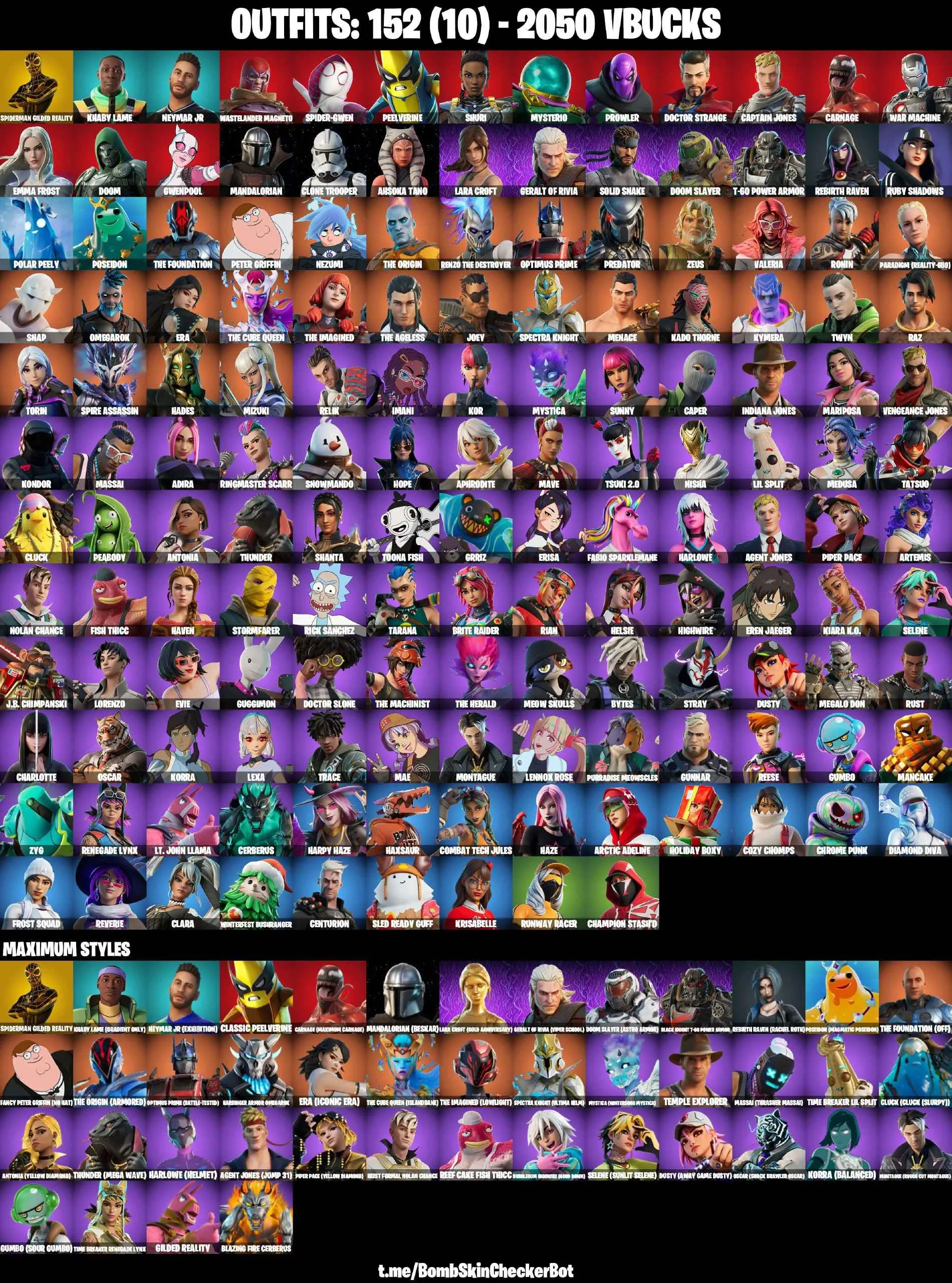 ❤️152 SKINS❤️GET GRIDDY❤️GOLDEN LARA CROFT❤️FULL BESKAR MANDALORIAN❤️RACHEL ROTH❤️GILDED SPIDER-MAN❤️SPIDER-GWEN❤️CLONE TROOPER❤️AHSOKA TANO❤️PREADATOR❤️EREN JAEGER❤️ERA(MAX)❤️MYSTICA(MAX)❤️MARIPOSA❤️CHARLOTTE❤️KOR❤️TSUKI 2.0❤️ARTEMIS❤️HELSIE❤️EVIE❤️