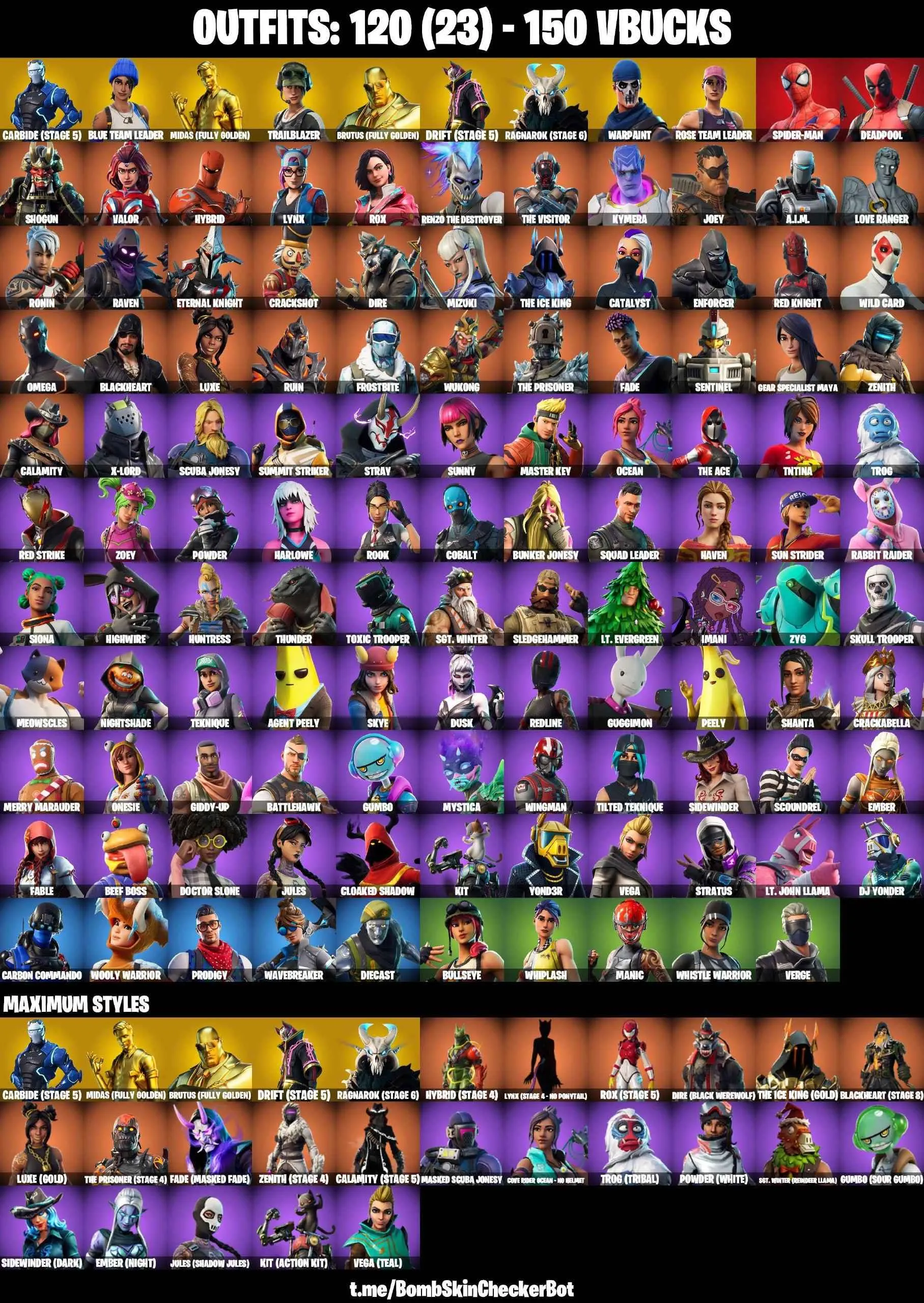 ❤️120 SKINS❤️JABBA SWITCHWAY❤️TRAILBLAZER❤️FREESTYLIN❤️OMEGA❤️OG STW❤️WHIPLASH❤️SKULL TROOPER❤️SCOUNDREL❤️LAUGH IT UP❤️SPIDER-MAN❤️ORANGE JUSTICE❤️TIDY❤️INTRODUCING❤️BULLSEYE❤️MANIC❤️GOLDEN MIDAS❤️BLUE TEAM LEADER❤️MAYA❤️ZOEY❤️AGENT PEELY❤️SKYE❤️JULES(MAX)❤️