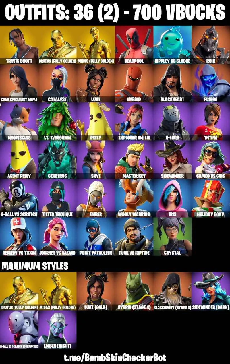 ❤️36 SKINS❤️TRAVIS SCOTT❤️GOLDEN MIDAS❤️MAYA❤️AGENT PEELY❤️SKYE❤️8-BALL(MAX)❤️SIDEWINDER(MAX)❤️HYBRID(STAGE 4)❤️BLACKHEART(STAGE 8)❤️CRYSTAL❤️PEPPERMINT PICK❤️TAKE THE ELF❤️CAN PLAY ON PSN❤️XBOX❤️PC❤️NINTENDO❤️MOBILE❤️700 VBUCKS❤️FULL EMAIL ACCESS❤️