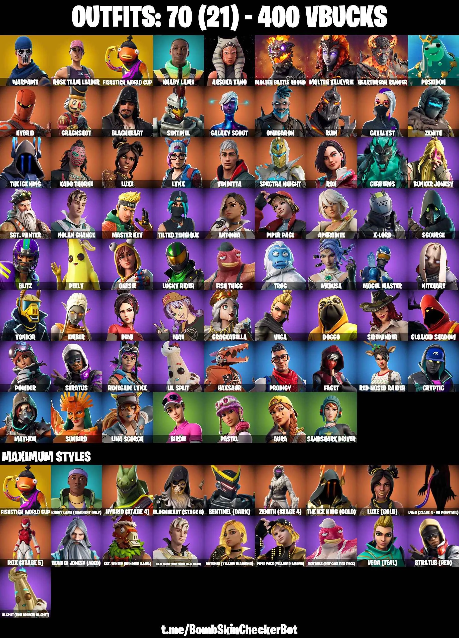 ❤️70 SKINS❤️FISHSTICK(MAX)❤️OG STW❤️AHSOKA TANO❤️LAUGH IT UP❤️MOGUL MASTER❤️ONESIE❤️AURA❤️MEDUSA❤️LYNX(STAGE 4)❤️ROX(STAGE 5)❤️PEELY❤️SANDSHARK DRIVER❤️RED-NOSED RAIDER❤️ICE BREAKER❤️TAKE THE ELF❤️CAN PLAY ON XBOX❤️PC❤️NINTENDO❤️MOBILE❤️400 VBUCKS❤️