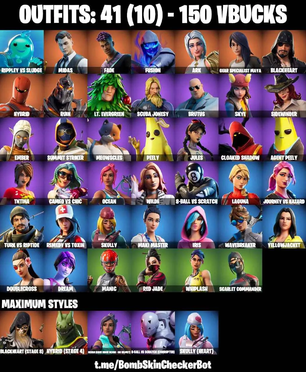 ❤️41 SKINS❤️WHIPLASH❤️MAYA❤️JULES❤️AGENT PEELY❤️SKYE❤️HYBRID(STAGE 4)❤️BLACKHEART(STAGE 8)❤️RED JADE❤️SCARLET COMMANDER❤️8-BALL(MAX)❤️MAKI MASTER❤️ICE BREAKER❤️PEPPERMINT PICK❤️CAN PLAY ON PSN❤️XBOX❤️PC❤️NINTENDO❤️MOBILE❤️150 VBUCKS❤️FULL EMAIL ACCESS❤️