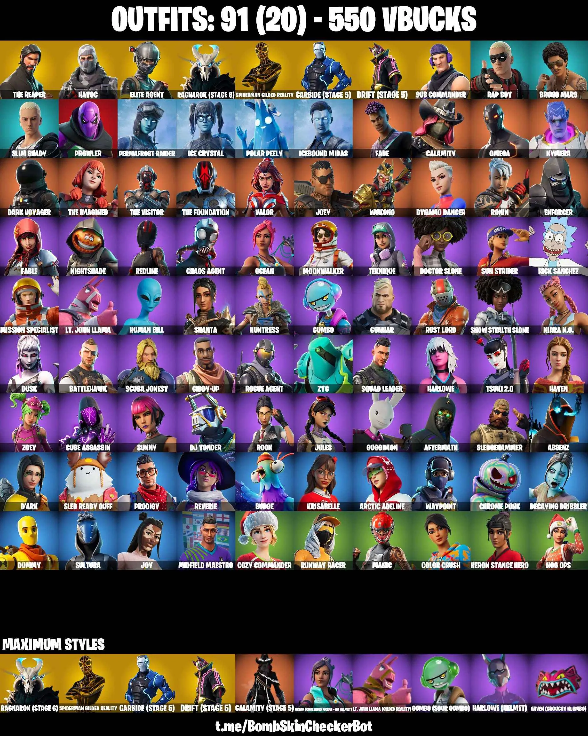❤️91 SKINS❤️TAKE THE L❤️MAKO❤️THE REAPER❤️ELITE AGENT❤️OMEGA❤️HAVOC❤️SUB COMMANDER❤️DYNAMO DANCER❤️GILDED SPIDER-MAN❤️ORANGE JUSTICE❤️STAR WAND❤️DUMMY❤️HUMAN BILL❤️TSUKI 2.0❤️ZOEY❤️ROOK❤️JULES❤️REVERIE❤️DRIFT(STAGE 5)❤️RAGNAROK(STAGE 6)❤️CARBIDE(STAGE 5)❤️