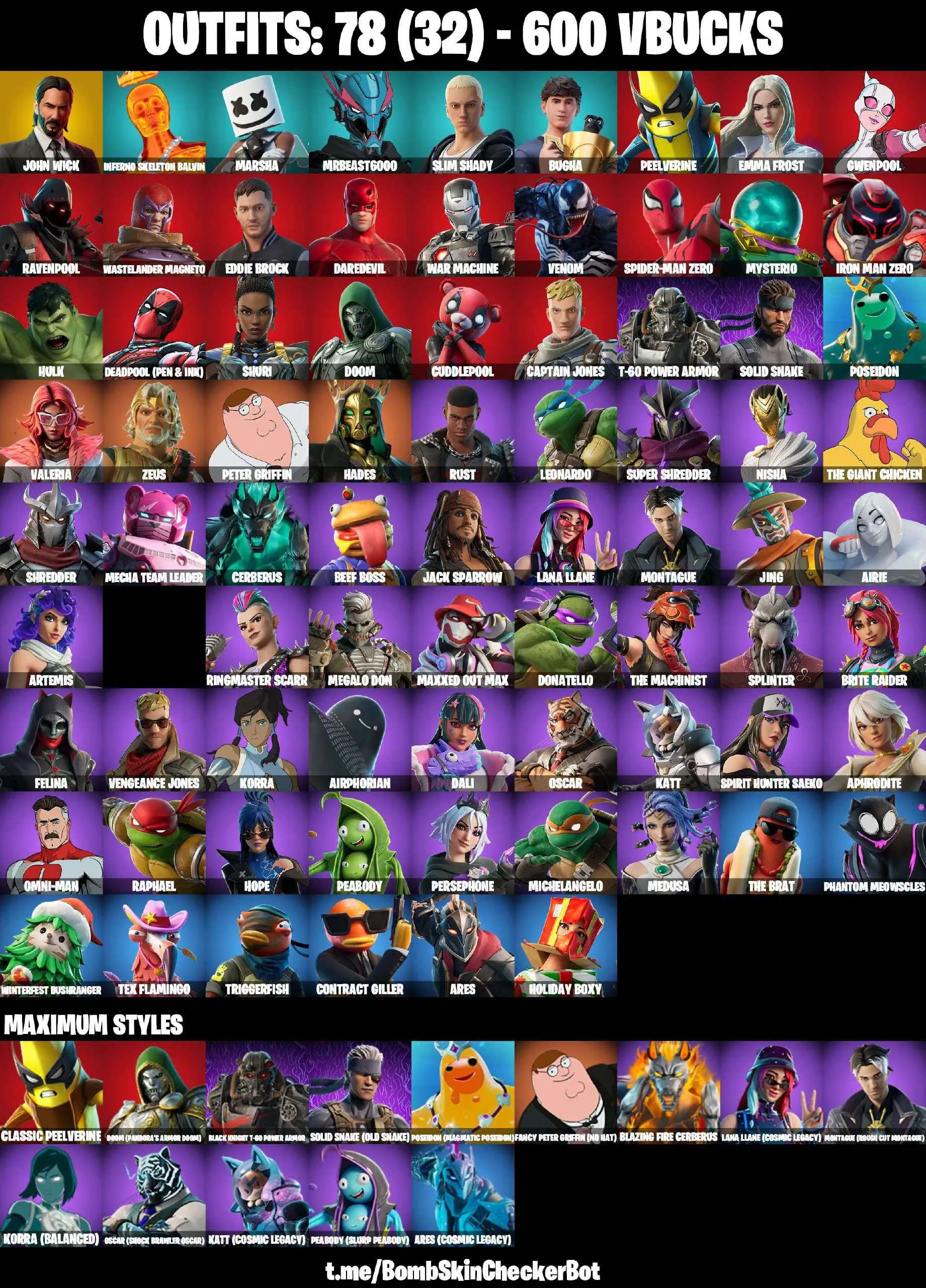 ❤️78 SKINS❤️GET GRIDDY❤️JOHN WICK❤️VENOM❤️RAVENPOOL❤️CUDDLEPOOL❤️SPIDER-MAN ZERO❤️ARTEMIS❤️HOPE❤️MEDUSA❤️HOPE❤️NISHA❤️PEELVERINE(MAX)❤️CAN PLAY ON PSN❤️XBOX❤️PC❤️NINTENDO❤️MOBILE❤️600 VBUCKS❤️FULL EMAIL ACCESS❤️