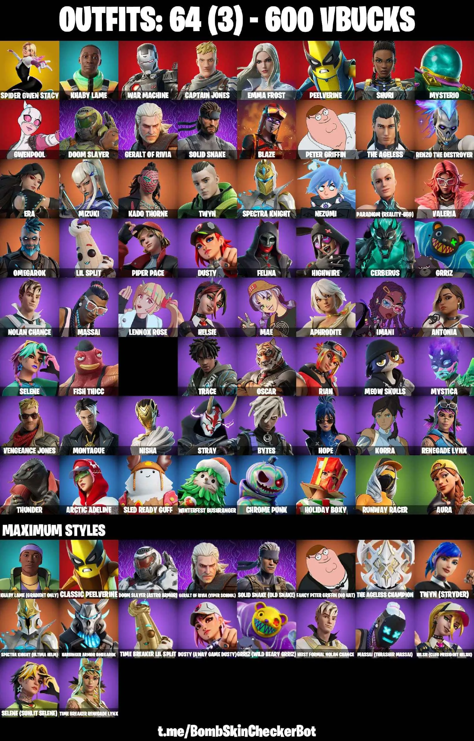 ❤️64 SKINS❤️SPIDER-GWEN STACY❤️HELSIE(MAX)❤️AURA❤️HOPE❤️MEOW SKULLS❤️SELENE(MAX)❤️DUSTY(MAX)❤️RENZO THE DESTROYER❤️MIZUKI❤️RUNWAY RACER❤️CAN PLAY ON PSN❤️XBOX❤️PC❤️NINTENDO❤️MOBILE❤️600 VBUCKS❤️FULL EMAIL ACCESS❤️