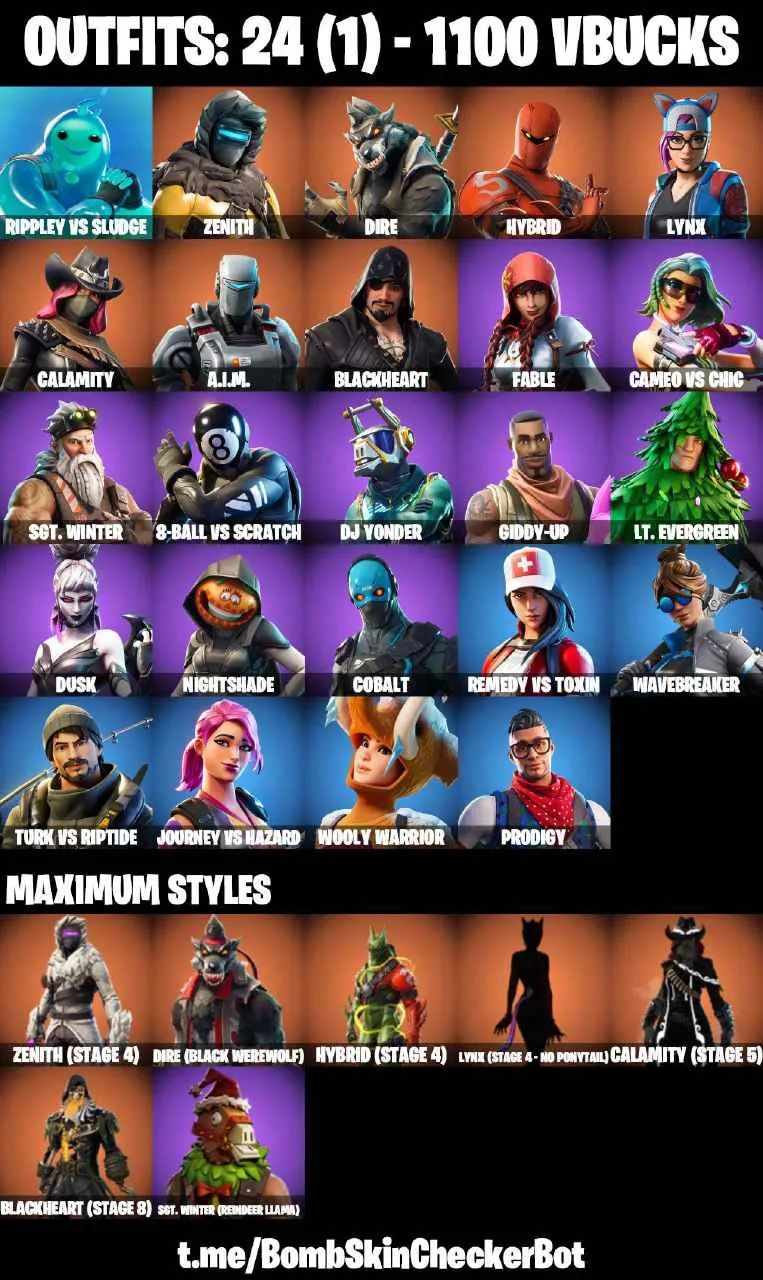 ❤️24 SKINS❤️130 COSMETICS❤️INTRODUCING❤️LYNX(STAGE 4)❤️DIRE(MAX)❤️ZENITH(STAGE 4)❤️CALAMITY(STAGE 5)❤️PEPPERMINT PICK❤️CAN PLAY ON PSN❤️XBOX❤️PC❤️NINTENDO❤️MOBILE ❤️ 1100 VBUCKS ❤️FULL EMAIL ACCESS❤️