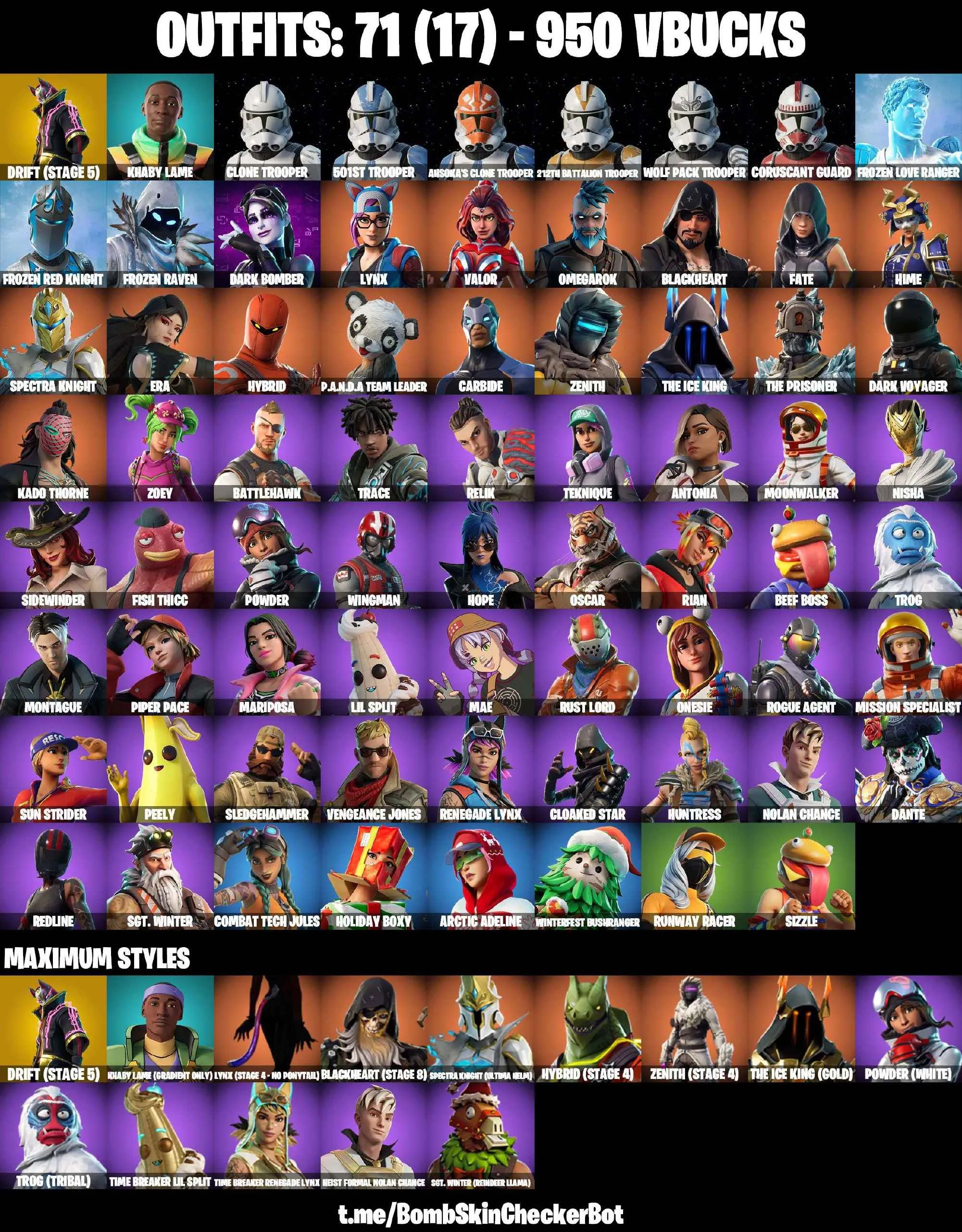 ❤️71 SKINS❤️TAKE THE L❤️ORANGE JUSTICE❤️CLONE TROOPER PACK❤️ZOEY❤️ONESIE❤️HOPE❤️MARIPOSA❤️COMBAT TECH JULES❤️DRIFT(STAGE 5)❤️PEELY❤️SIZZLE❤️RUNWAY RACER❤️REAPER❤️RUST BUCKET❤️CAN PLAY ON PSN❤️XBOX❤️PC❤️NINTENDO❤️MOBILE❤️950 VBUCKS❤️FULL EMAIL ACCESS❤️