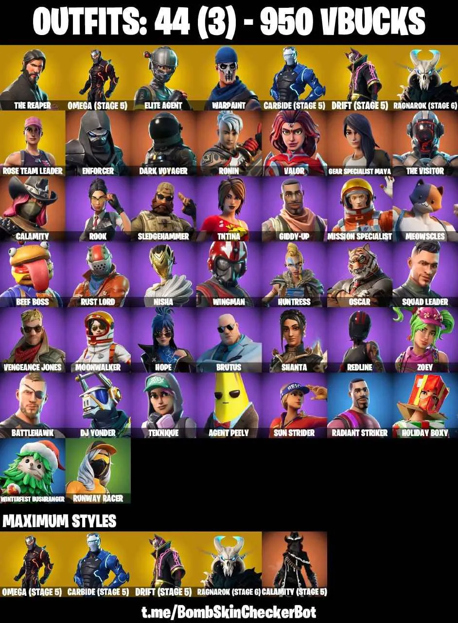 ❤️44 SKINS❤️TAKE THE L❤️THE REAPER❤️OMEGA(STAGE 5)❤️ELITE AGENT❤️OG STW❤️ORANGE JUSTICE❤️MAYA❤️ZOEY❤️ROOK❤️DRIFT(STAGE 5)❤️RAGNAROK(STAGE 6)❤️CARBIDE(STAGE 5)❤️AGENT PEELY❤️RUNWAY RACER❤️RUST BUCKET❤️CAN PLAY ON PSN❤️XBOX❤️PC❤️NINTENDO❤️MOBILE❤️950 VBUCKS❤️