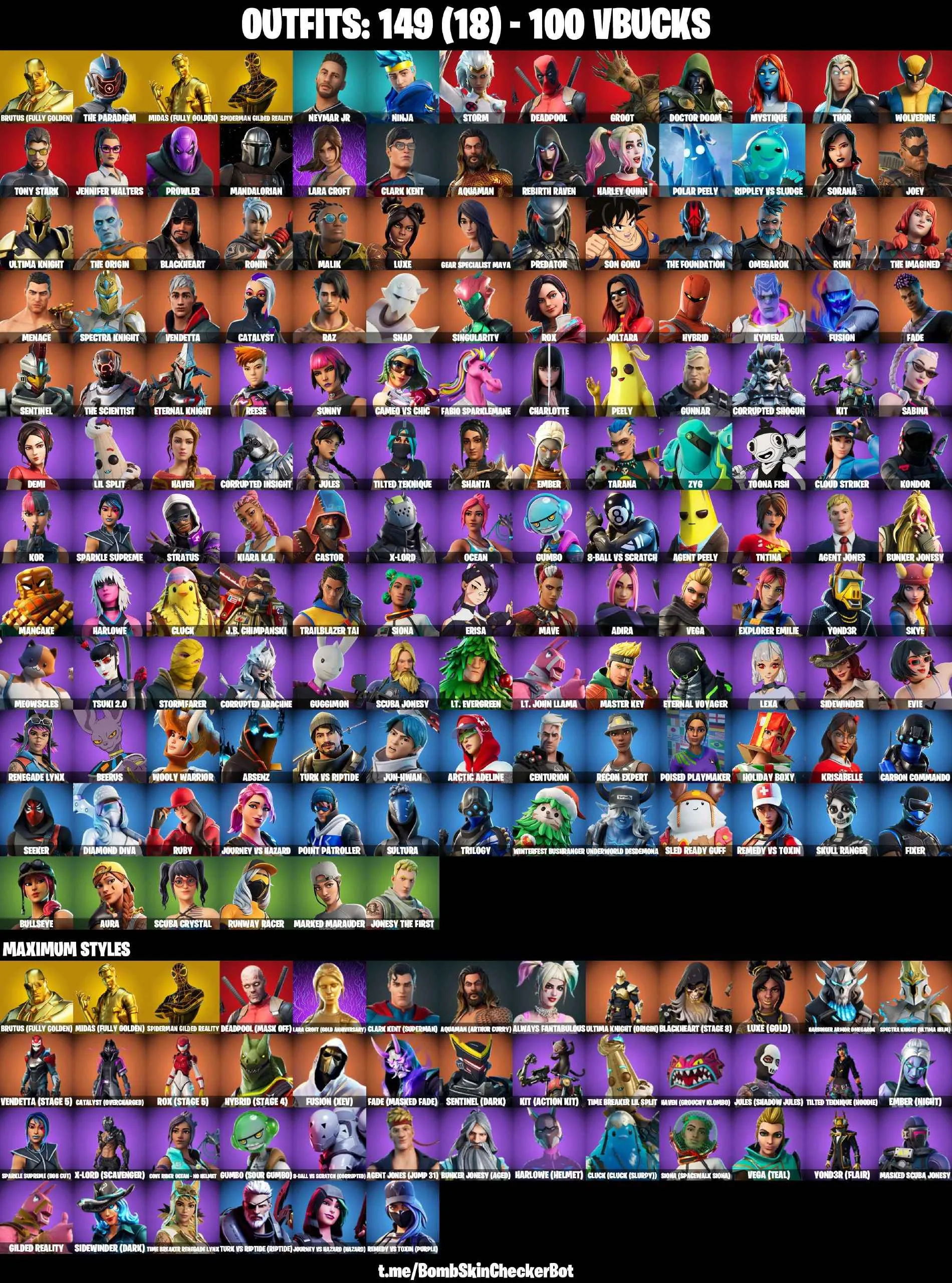 ❤️149 SKINS❤️THE PARADIGM❤️JOLTARA❤️GOLDEN LARA CROFFT❤️CATALYST(MAX)❤️MANDALORIAN❤️GILDED SPIDER-MAN❤️CANDY AXE❤️HARLEY QUINN(MAX)❤️GOLDEN MIDAS❤️PREDATOR❤️SON GOKU❤️SKULL RANGER❤️BEERUS❤️INTRODUCING❤️JULES(MAX)❤️CHARLOTTE❤️KOR❤️TSUKI 2.0❤️EVIE❤️AURA❤️