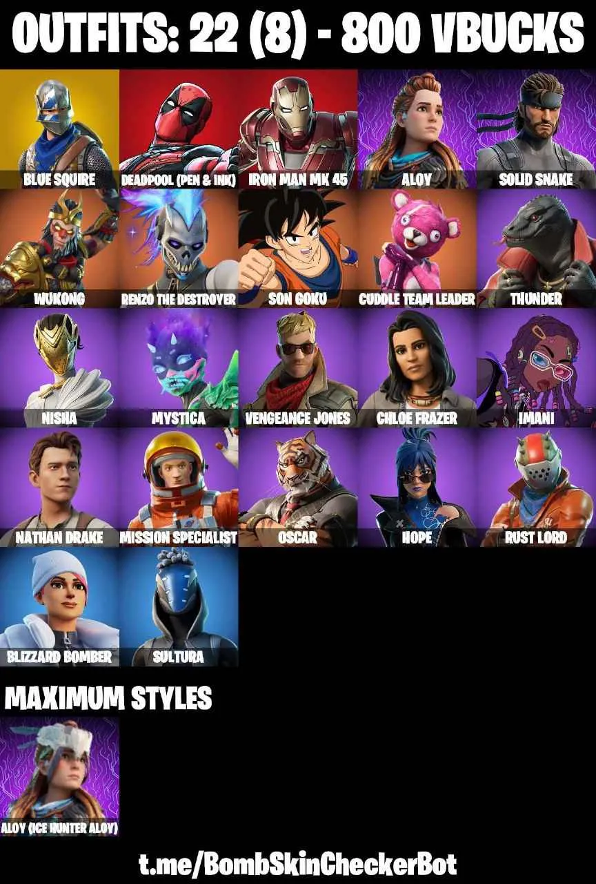 ❤️22 SKINS❤️TAKE THE L❤️BLUE SQUIRE❤️SON GOKU❤️NATHAN DRAKE❤️HOPE❤️CHLOE FRAZER❤️IMANI❤️NISHA❤️SNOWFLAKE❤️CAN PLAY ON PSN❤️XBOX❤️PC❤️NINTENDO❤️MOBILE❤️800 VBUCKS❤️FULL EMAIL ACCESS❤️