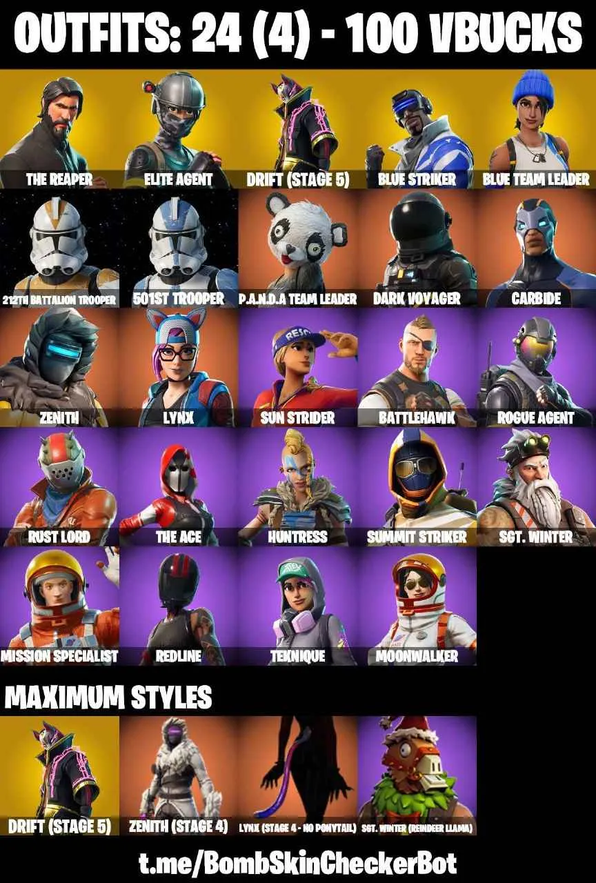 ❤️24 SKINS❤️TAKE THE L❤️THE REAPER❤️ELITE AGENT❤️212TH BATTALION TROOPER❤️501ST TROOPER❤️ORANGE JUSTICE❤️BLUE REAM LEADER❤️DRIFT(STAGE 5)❤️LYNX(STAGE 4)❤️SNOWFLAKE❤️RUST BUCKET❤️CAN PLAY ON PSN❤️XBOX❤️PC❤️NINTENDO❤️MOBILE❤️100 VBUCKS❤️FULL EMAIL ACCESS❤️