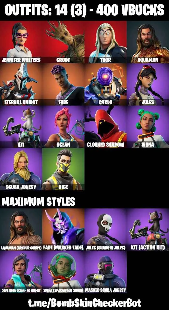 ❤️14 SKINS❤️JULES(MAX)❤️SIONA(MAX)❤️CYCLO❤️VICE❤️JENNIFER WALTERS❤️GROOT❤️THOR❤️CAN PLAY ON PSN❤️XBOX❤️PC❤️NINTENDO❤️MOBILE❤️400 VBUCKS❤️FULL EMAIL ACCESS❤️