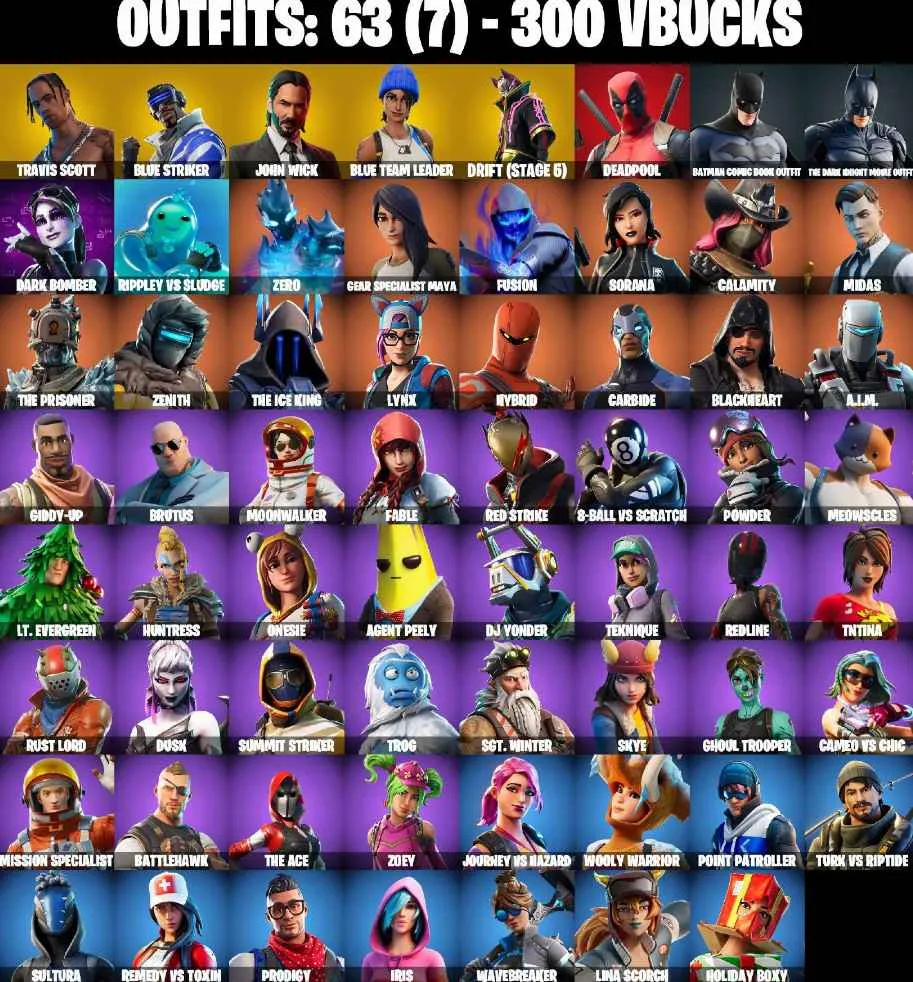 ❤️63 SKINS❤️TRAVIS SCOTT❤️TAKE THE L❤️MAKO❤️JOHN WICK❤️GHOUL TROOPER❤️ORANGE JUSTICE❤️MAYA❤️ZOEY❤️ONESIE(MAX)❤️BLUE TEAM LEADER❤️8-BALL(MAX)❤️AGENT PEELY❤️DRIFT(STAGE 5)❤️SNOWFLAKE❤️PEPPERMINT PICK❤️CAN PLAY ON PSN❤️XBOX❤️PC❤️NINTENDO❤️MOBILE❤️300 VBUCKS❤️