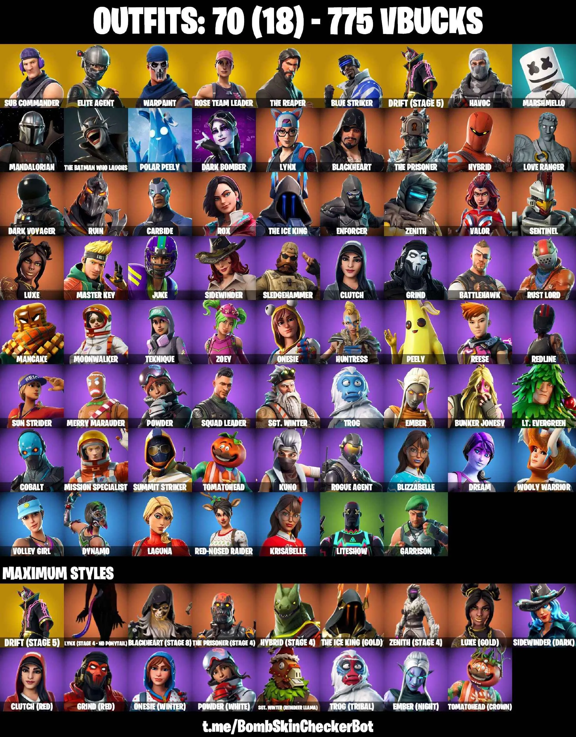 ❤️70 SKINS❤️TAKE THE L❤️THE REAPER❤️ELITE AGENT❤️HAVOC❤️SUB COMMANDER❤️MANDALORIAN❤️ORANGE JUSTICE❤️ZOEY❤️ONESIE(MAX)❤️DRIFT(STAGE 5)❤️PEELY❤️RED-NOSED RAIDER❤️ASTROWORLD CYCLONE❤️RUST BUCKET❤️CAN PLAY ON PSN❤️XBOX❤️PC❤️NINTENDO❤️MOBILE❤️775 VBUCKS❤️