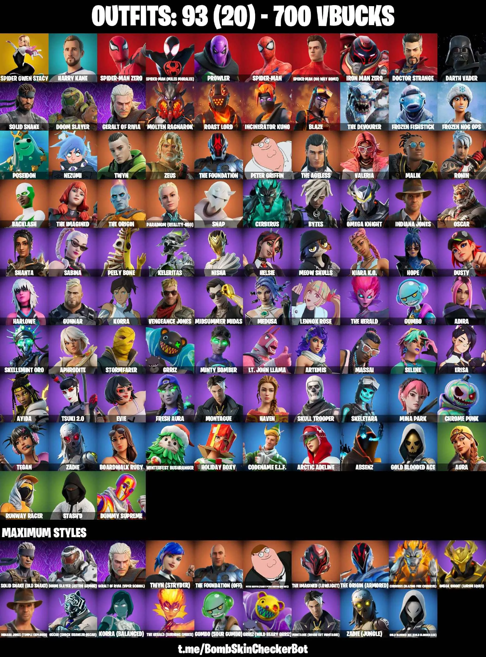 ❤️93 SKINS❤️GET GRIDDY❤️BACKLASH❤️SKULL TROOPER❤️MINA PARK❤️SPIDER-GWEN STACY❤️SPIDER-MAN ZERO❤️SPIDER-MAN(MILES MORALES)❤️SPIDER-MAN(NO WAY HOME)❤️SPIDER-MAN❤️DARTH VADER❤️DUMMY SUPREME❤️ARTEMIS❤️EVIE❤️TSUKI 2.0❤️AURA❤️HOPE❤️MEOW SKULLS❤️PEELY BONE❤️