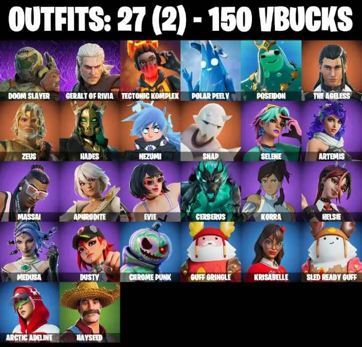 ❤️26 SKINS❤️HELSIE(MAX)❤️ARTEMIS❤️EVIE❤️SELENE(MAX)❤️DUSTY(MAX)❤️ARCTIC ADELINE❤️HAYSEED❤️POLAR PEEELY❤️NEEDLE DROPPER❤️CAN PLAY ON PSN❤️XBOX❤️PC❤️NINTENDO❤️MOBILE❤️150 VBUCKS❤️FULL EMAIL ACCESS❤️