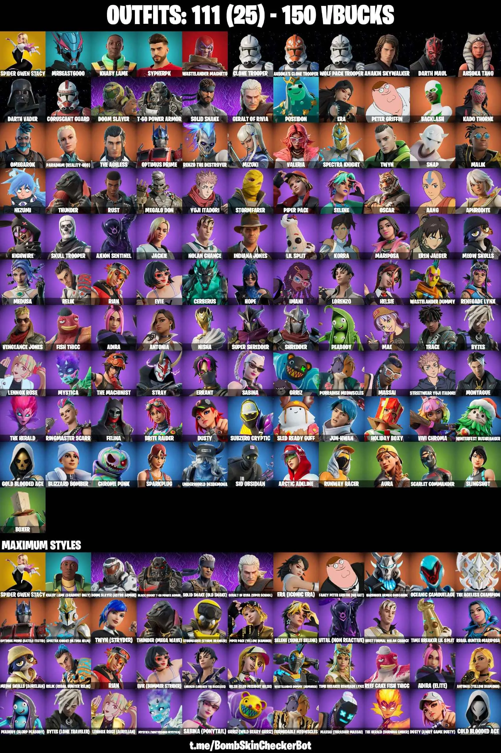 ❤️111 SKINS❤️YUJI ITADORI❤️STREETWEAR YUJI ITADORI❤️GET GRIDDY❤️BACKLASH❤️SKULL TROOPER❤️SPIDER-GWEN STACY❤️CLONE TROOPER❤️AHSOKAS CLONE TROOPER❤️WOLF PACK TROOPER❤️ANAKIN SKYWALKER❤️DARTH MAUL❤️AHSOKAS TANO❤️DARTH VADER❤️CORUSCANT GUARD❤️ERA(MAX)❤️