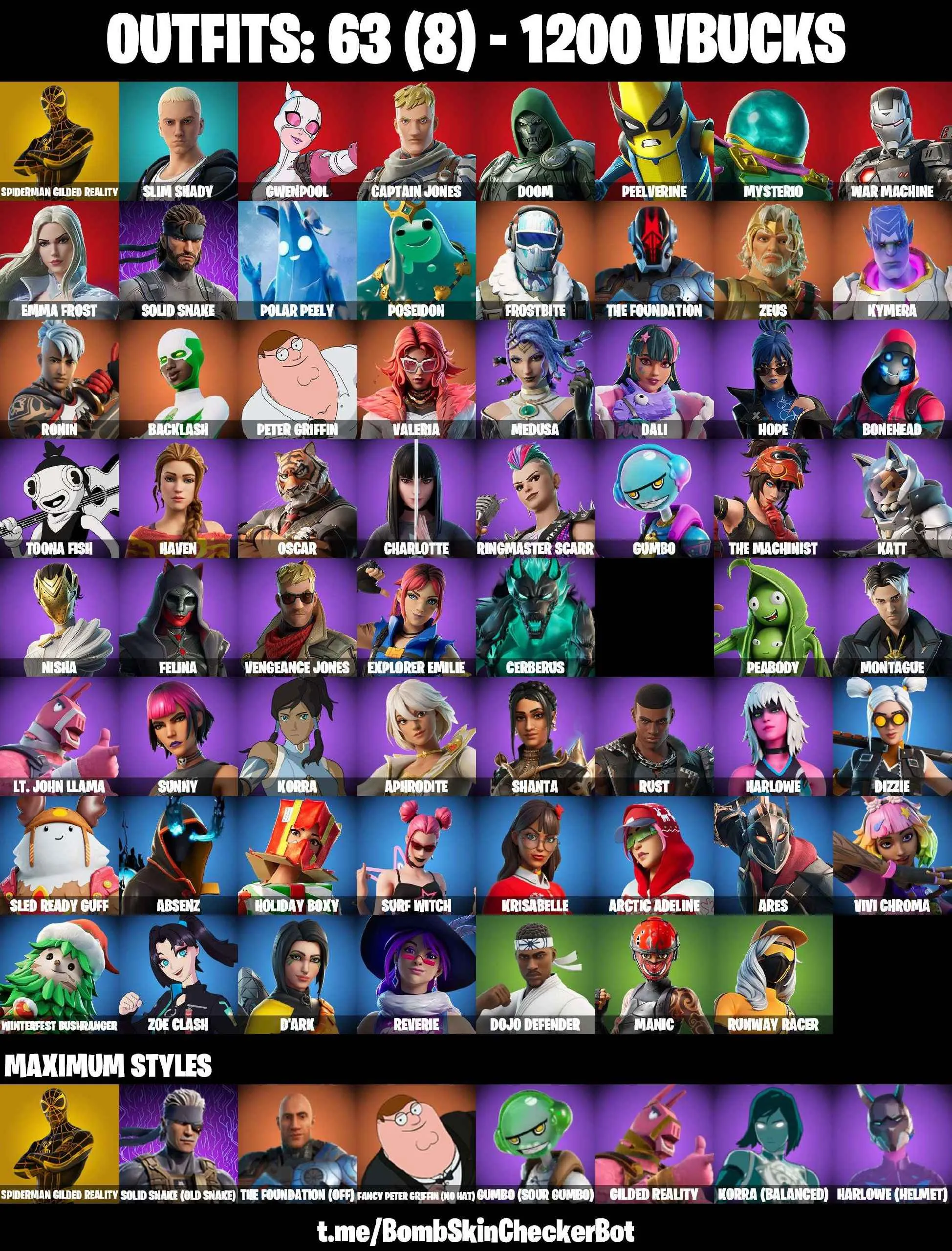 ❤️63 SKINS❤️BACKLASH❤️GILDED SPIDER-MAN❤️CHARLOTTE❤️REVERIE❤️HOPE❤️TOONA FISH❤️SURF WITCH❤️ARCTIC ADELINE❤️POLAR PEELY❤️MANIC❤️DOJO DEFENDER❤️RUNWAY RACER❤️ICE BREAKER❤️CAN PLAY ON PSN❤️XBOX❤️PC❤️NINTENDO❤️MOBILE❤️1200 VBUCKS❤️FULL EMAIL ACCESS❤️