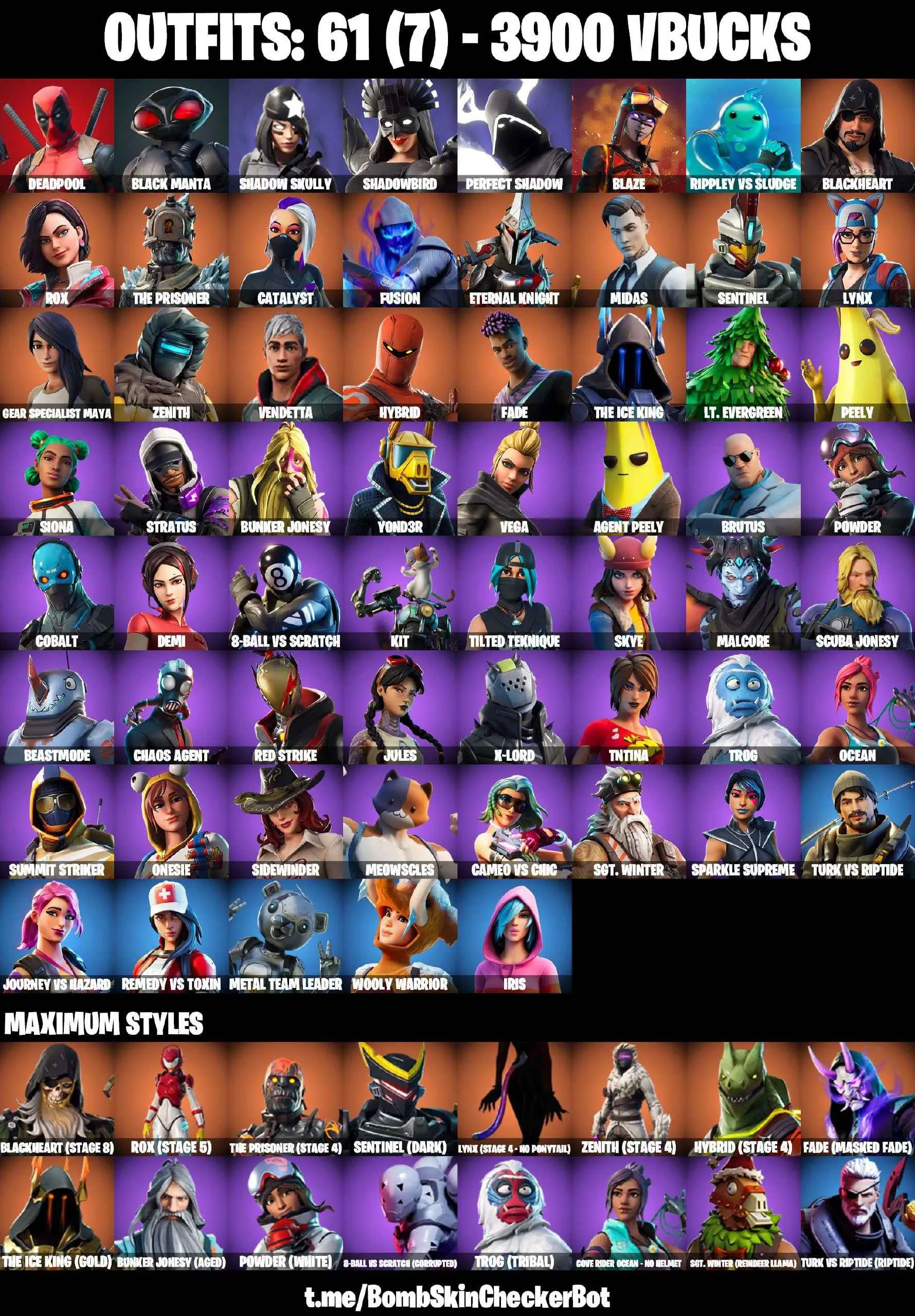 ❤️61 SKINS❤️BLACK MANTA❤️MAYA❤️ONESIE❤️JULES❤️AGENT PEELY❤️SKYE❤️LYNX(STAGE 4)❤️8-BALL(MAX)❤️PEPPERMINT PICK❤️TAKE THE ELF❤️CAN PLAY ON PSN❤️XBOX❤️PC❤️NINTENDO❤️MOBILE❤️3900 VBUCKS❤️FULL EMAIL ACCESS❤️