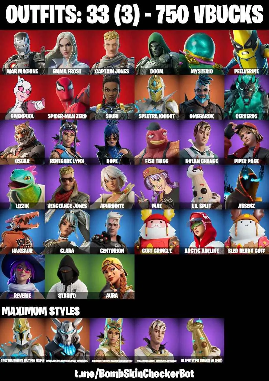 ❤️33 SKINS❤️SPIDER-MAN ZERO❤️REVERIE❤️AURA❤️HOPE❤️SPECTRA KNIGHT(MAX)❤️OMEGAROK(MAX)❤️PEELVERINE❤️APHRODITE❤️MAE❤️FISH THICC❤️PEELY WHIP❤️CAN PLAY ON PSN❤️XBOX❤️PC❤️NINTENDO❤️MOBILE❤️750 VBUCKS❤️FULL EMAIL ACCESS❤️