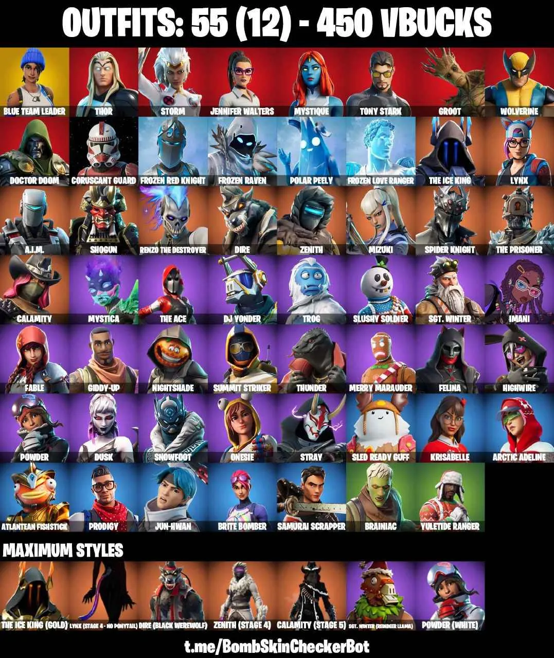 ❤️55 SKINS❤️MAKO❤️BRIANIAC❤️CORUSCANT GUARD❤️BLUE TEAM LEADER❤️CALAMITY(STAGE 5)❤️LYNX(STAGE 4)❤️ZENITH(STAGE 4)❤️DIRE(MAX)❤️POLAR PEELY❤️YULETIDE RANGER❤️BRITE BOMBER❤️SNOWFLAKE❤️TAKE THE ELF❤️CAN PLAY ON PSN❤️XBOX❤️PC❤️NINTENDO❤️MOBILE❤️450 VBUCKS❤️