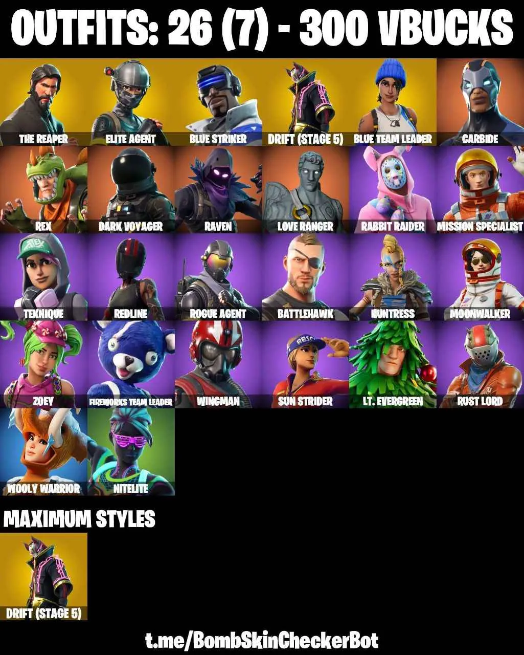 ❤️26 SKINS❤️TAKE THE L❤️THE REAPER❤️ELITE AGENT❤️ORANGE JUSTICE❤️ZOEY❤️BLUE TEAM LEADER❤️DRIFT(STAGE 5)❤️NITELITE❤️ASTROWORLD CYCLONE❤️RUST BUCKET❤️PEPPERMINT PICK❤️CAN PLAY ON PSN❤️XBOX❤️PC❤️NINTENDO❤️MOBILE❤️300 VBUCKS❤️FULL EMAIL ACCESS❤️