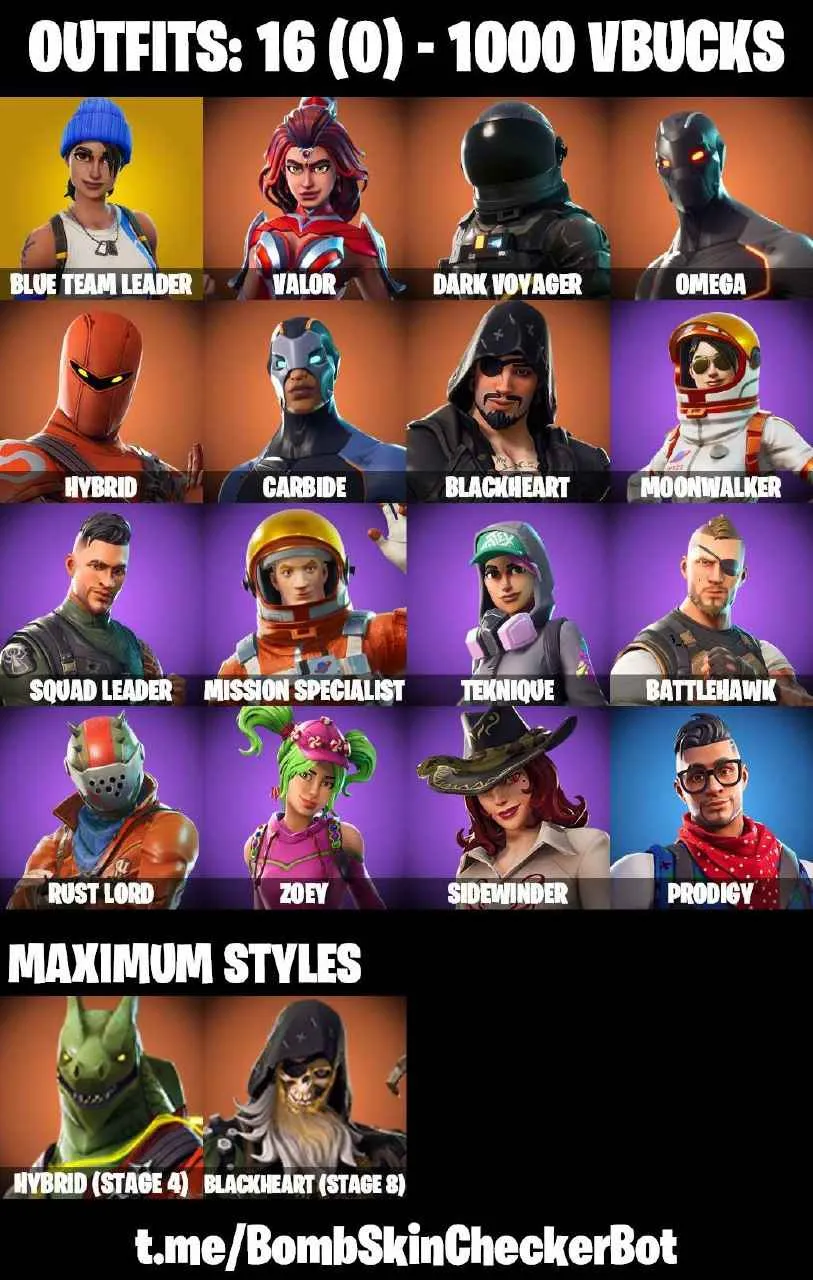 ❤️16 SKINS❤️TAKE THE L❤️OMEGA❤️ORANGE JUSTICE❤️ZOEY❤️BLUE TEAM LEADER❤️HYBRID(STAGE 4)❤️BLACKHEART(STAGE 8)❤️TEKNIQUE❤️MOONWALKER❤️RUST BUCKET❤️CAN PLAY ON PSN❤️XBOX❤️PC❤️NINTENDO❤️MOBILE❤️1000 VBUCKS❤️FULL EMAIL ACCESS❤️