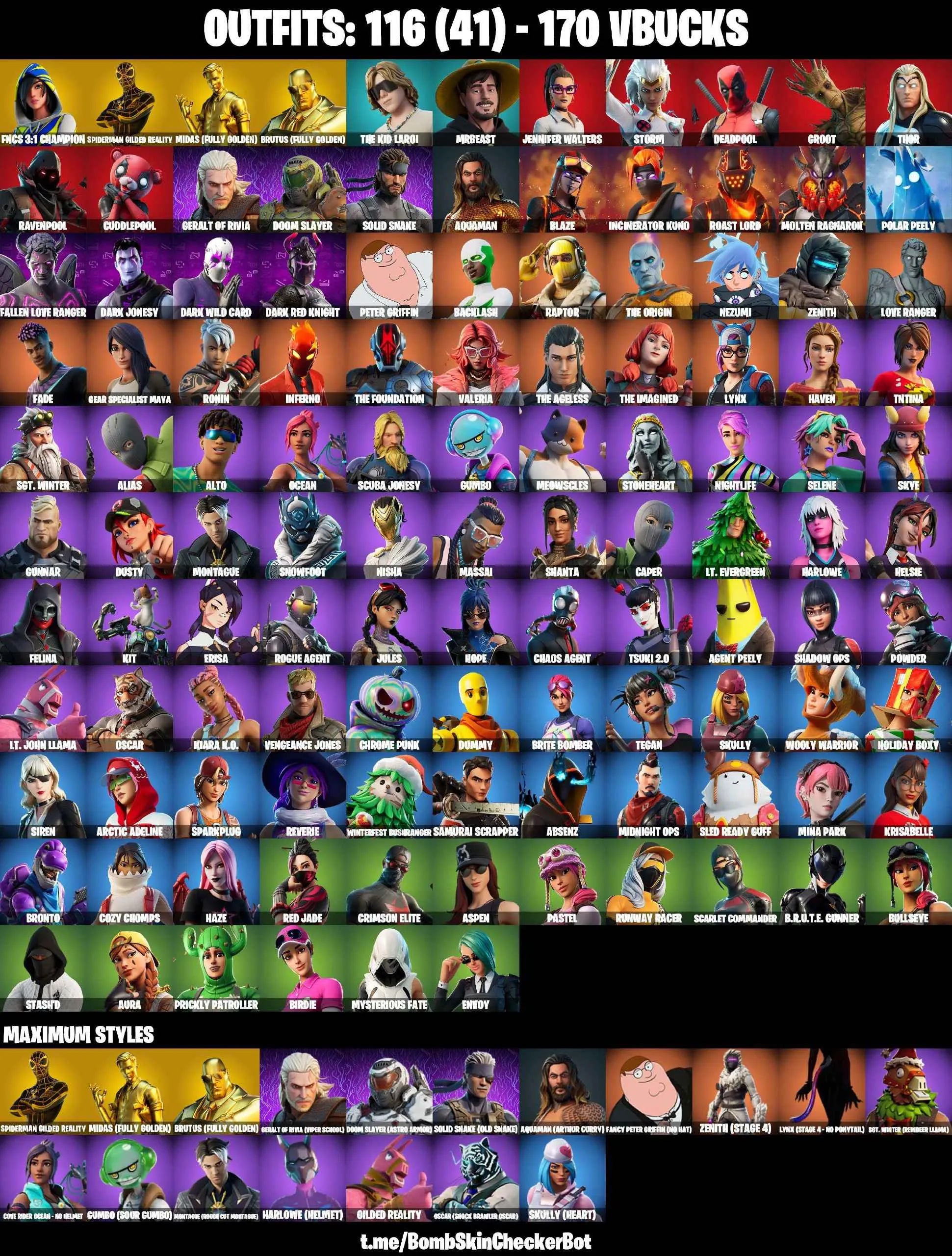 ❤️116 SKINS❤️BACKLASH❤️MINA PARK❤️RAVENPOOL❤️CUDDLEPOOL❤️GILDED SPIDER-MAN❤️LAUGH IT UP❤️WINDMILL FLOSS❤️STAR WAND❤️GOLDEN MIDAS❤️DUMMY❤️MAYA❤️HELSIE❤️JULES❤️TSUKI 2.0❤️REVERIE❤️AURA❤️BULLSEYE❤️AGENT PEELY❤️SCARLET COMMANDER❤️RUST BUCKET❤️ASTROWORLD CYCLONE❤️