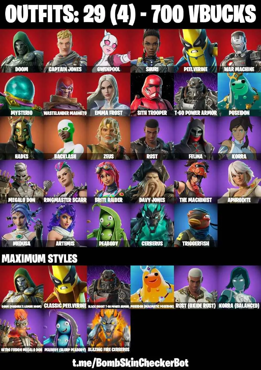 ❤️29 SKINS❤️BACKLASH❤️SITH TROOPER❤️ARTEMIS❤️MEDUSA❤️HOPE❤️PEELVERINE(MAX)❤️ZEUS❤️HADES❤️PEABODY(MAX)❤️PEELY WHIP❤️CAN PLAY ON PSN❤️XBOX❤️PC❤️NINTENDO❤️MOBILE❤️700 VBUCKS❤️FULL EMAIL ACCESS❤️