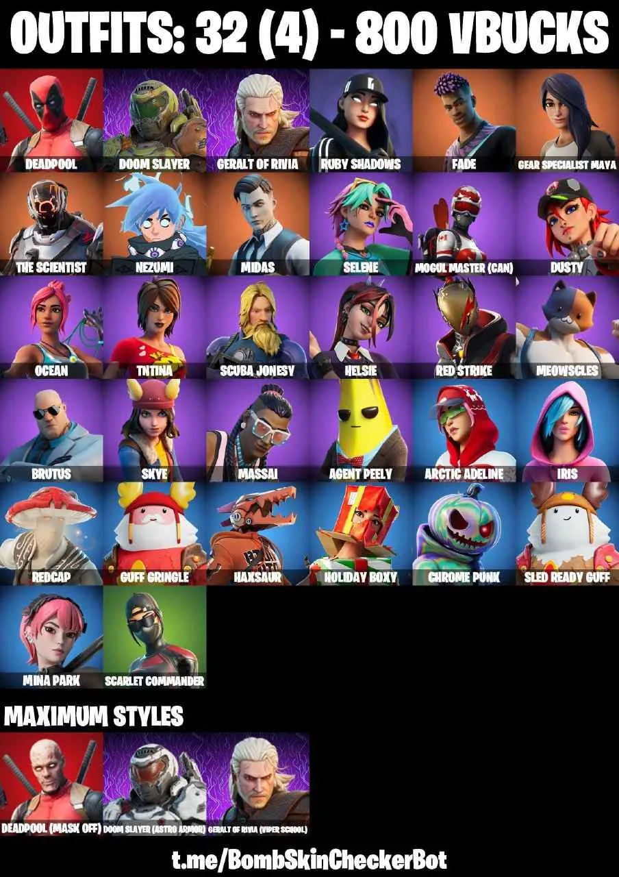 ❤️32 SKINS❤️MOGUL MASTER(CAN)❤️MINA PARK❤️MAYA❤️HELSIE❤️SELENE❤️DUSTY❤️AGENT PEELY❤️SKYE❤️SCARLET COMMANDER❤️ASTROWORLD CYCLONE❤️ICE BREAKER❤️PEELY WHIP❤️CAN PLAY ON PSN❤️XBOX❤️PC❤️NINTENDO❤️MOBILE❤️800 VBUCKS❤️FULL EMAIL ACCESS❤️
