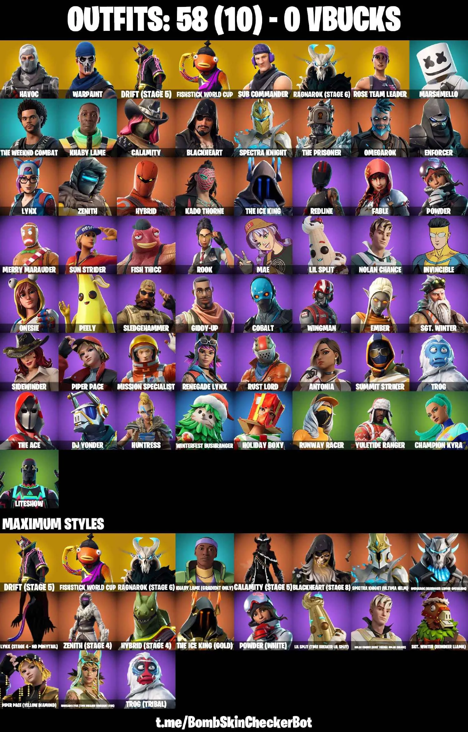 ❤️58 SKINS❤️TAKE THE L❤️OG STW❤️FISHSTICK(MAX)❤️HAVOC❤️SUB COMMANDER❤️ROOK❤️ONESIE❤️MEERY MARAUDER❤️DRIFT(STAGE 5)❤️CARBIDE(STAGE 5)❤️PEELY❤️YULETIDE RANGER❤️SNOWFLAKE❤️CAN PLAY ON PSN❤️XBOX❤️PC❤️NINTENDO❤️MOBILE❤️0 VBUCKS❤️FULL EMAIL ACCESS❤️