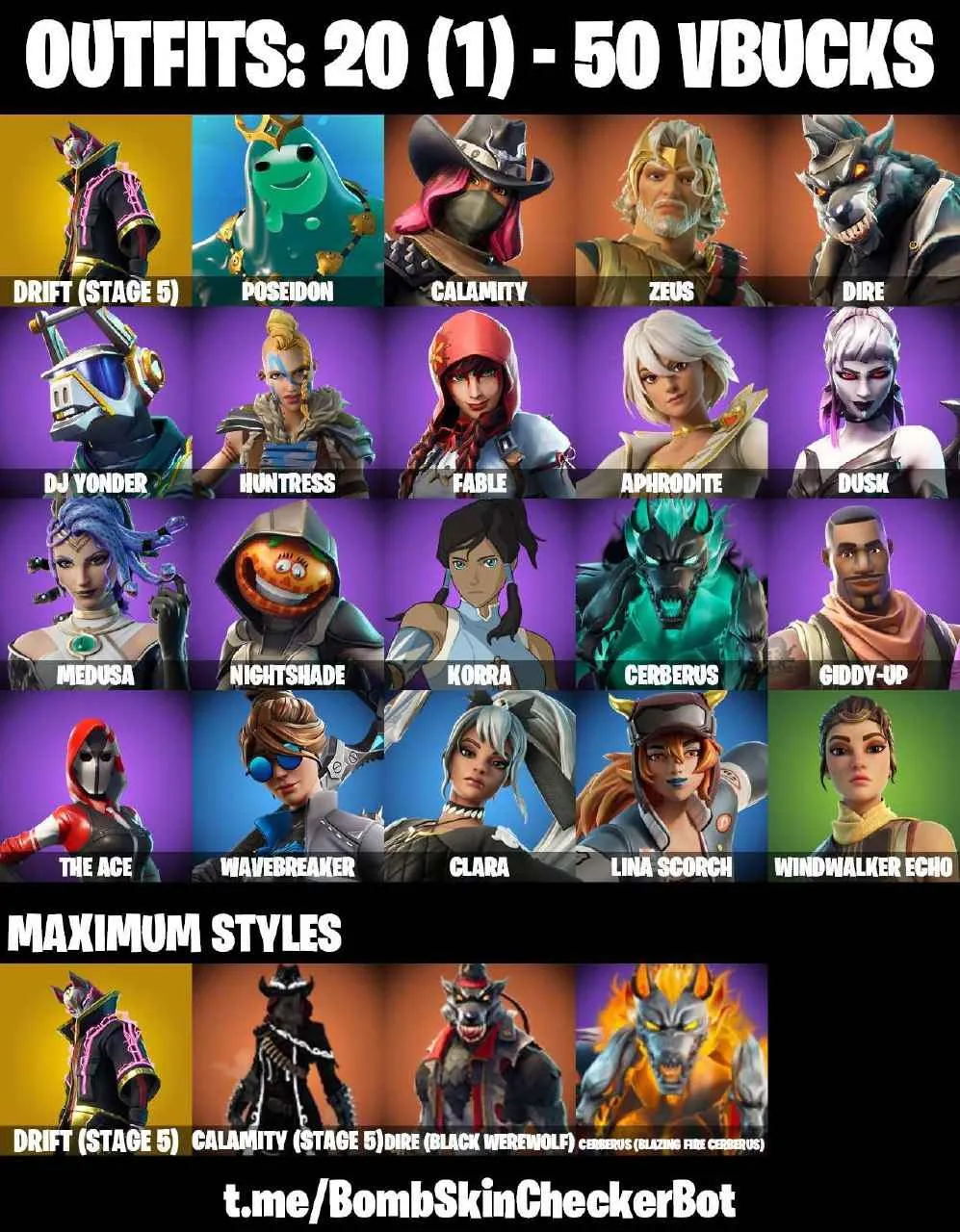 ❤️20 SKINS❤️MEDUSA❤️APHRODITE❤️DRIFT(STAGE 5)❤️CALAMITY(SATGE 5)❤️DIRE(MAX)❤️WAVEBREAK❤️WINDWALKER ECHO❤️PEPPERMINT PICK❤️CAN PLAY ON PC❤️NINTENDO❤️MOBILE❤️50 VBUCKS❤️FULL EMAIL ACCESS❤️
