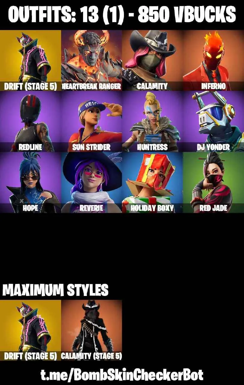 ❤️13 SKINS❤️MAKO❤️ORANGE JUSTICE❤️REVERIE❤️HOPE❤️DRIFT(STAGE 5)❤️CALAMITY(STAGE 5)❤️REDLINE❤️SUN STRIDER❤️RED JADE❤️SNOWFLAKE❤️RUST BUCKET❤️CAN PLAY ON PSN❤️XBOX❤️PC❤️NINTENDO❤️MOBILE❤️850 VBUCKS❤️FULL EMAIL ACCESS❤️