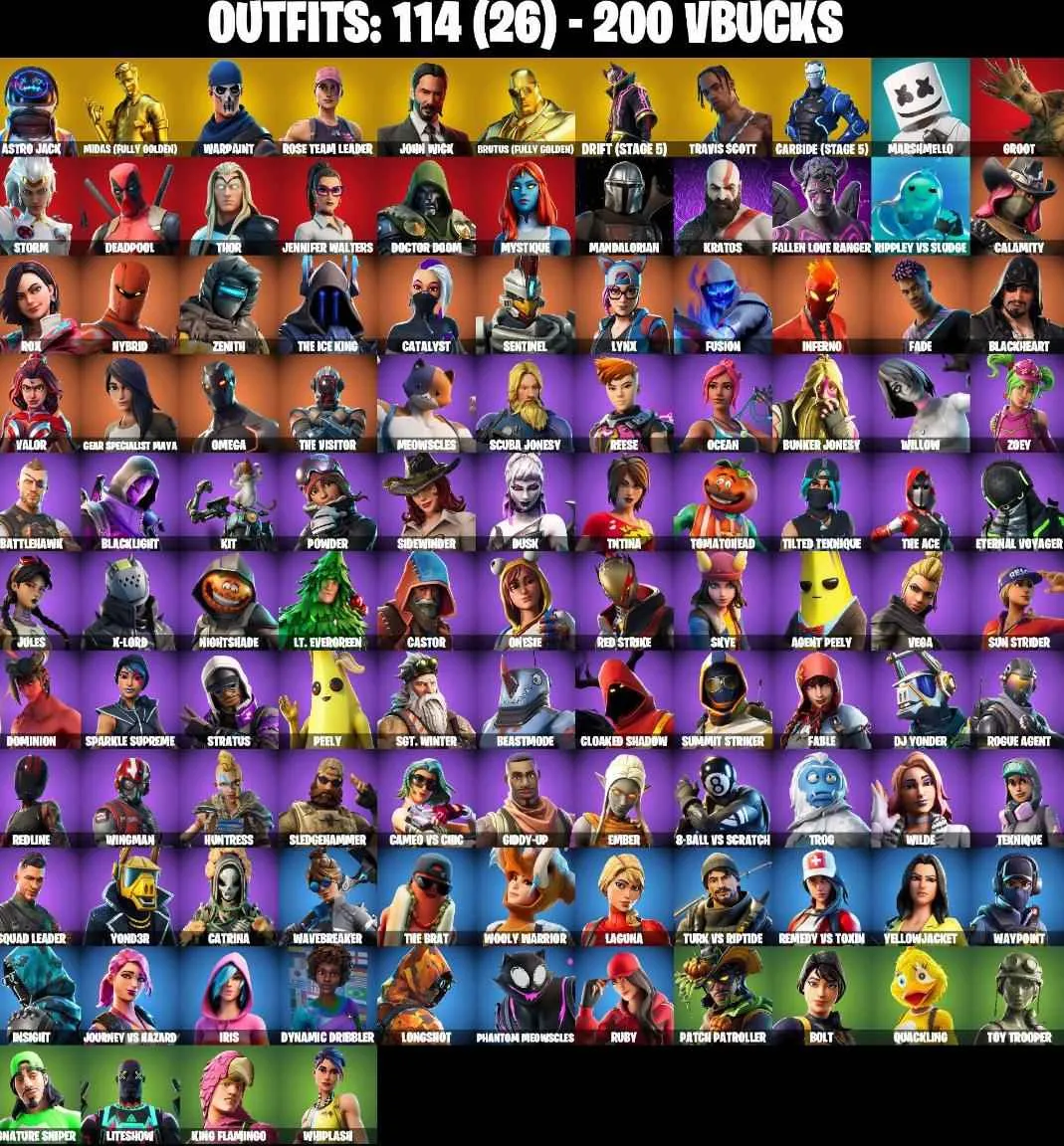 ❤️114 SKINS❤️TRAVIS SCOTT❤️ASTRO JACK❤️JOHN WICK❤️OG STW❤️OMEGA❤️WHIPLASH❤️TOY TROOPER❤️MANDALORIAN❤️ORANGE JUSTICE❤️GOLDEN MIDAS❤️MAYA❤️ZOEY❤️JULES❤️ONESIE❤️DRIFT(STAGE 5)❤️CARBIDE(STAGE 5)❤️PEPPERMINT PICK❤️TAKE THE ELF❤️CAN PLAY ON PSN❤️XBOX❤️PC❤️