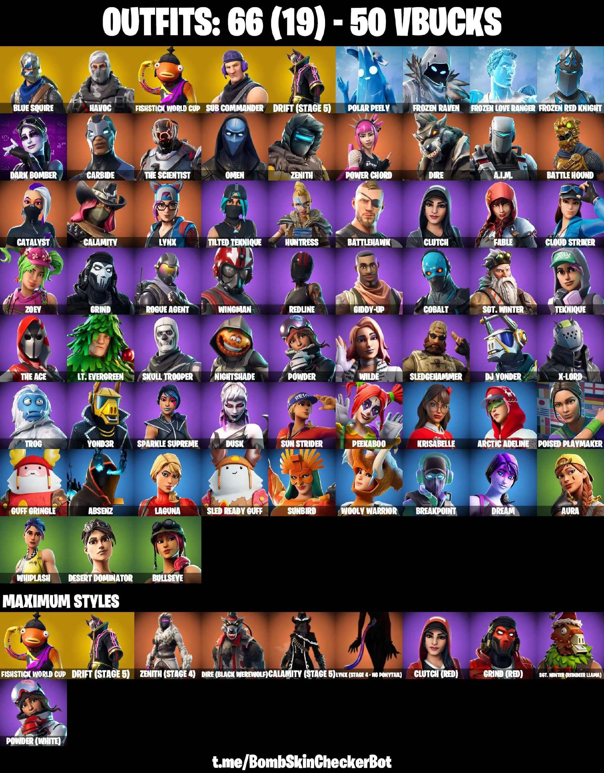 ❤️66 SKINS❤️BLUE SQUIRE❤️FISHSTICK(MAX)❤️HAVOC❤️SUB COMMANDER❤️SKULL TROOPER❤️WHIPLASH❤️ORANGE JUSTICE❤️RAMBUNCTIOUS❤️ZOEY❤️AURA❤️BULLSEYE❤️DRIFT(STAGE 5)❤️LYNX(STAGE 4)❤️ASTROWORLD CYCLONE❤️RUST BUCKET❤️REAPER❤️ICE BREAKER❤️PEPPERMINT PICK❤️TAKE THE ELF❤️